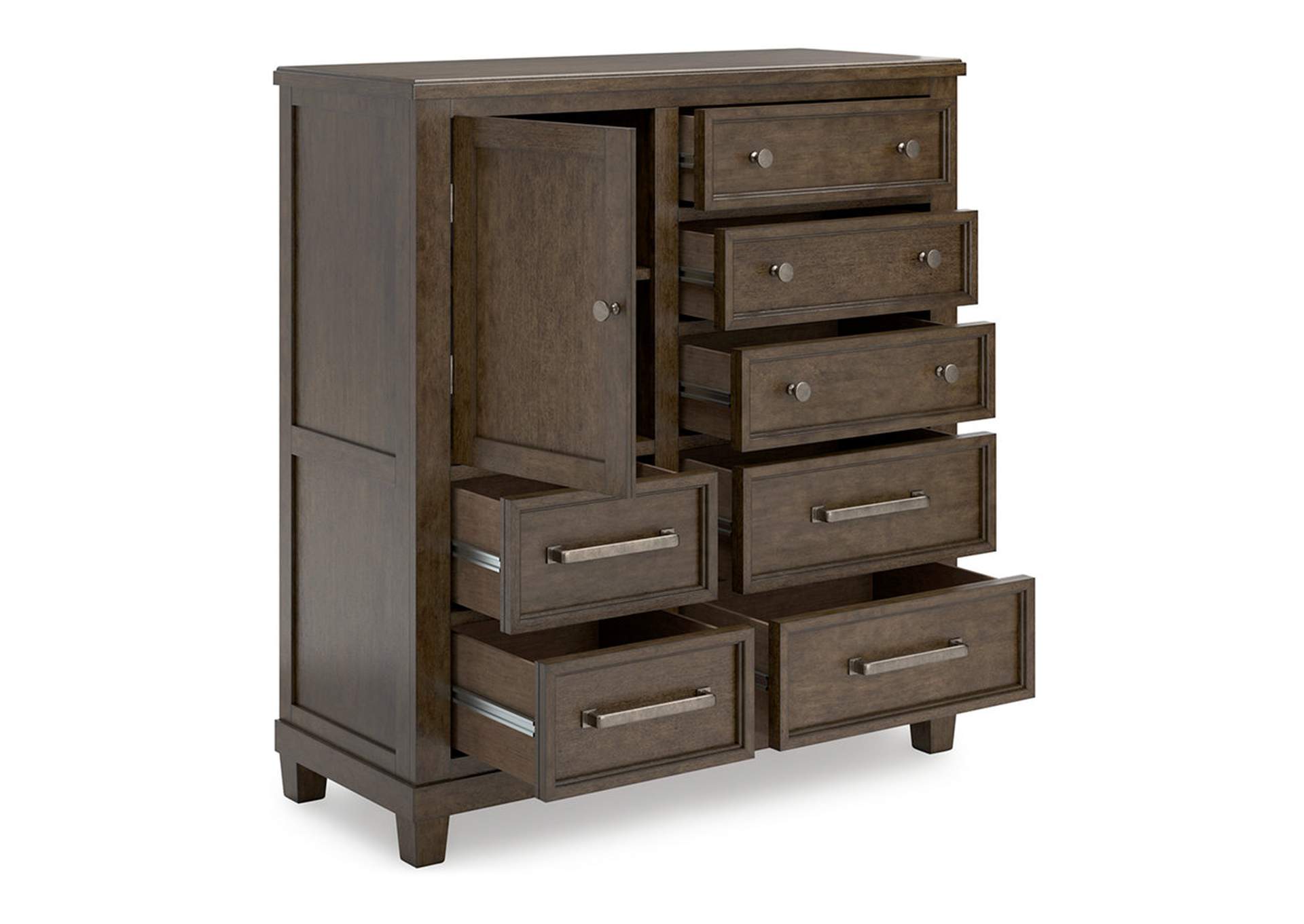 Hillcott California King Upholstered Bed with Mirrored Dresser, Chest and 2 Nightstands,Millennium