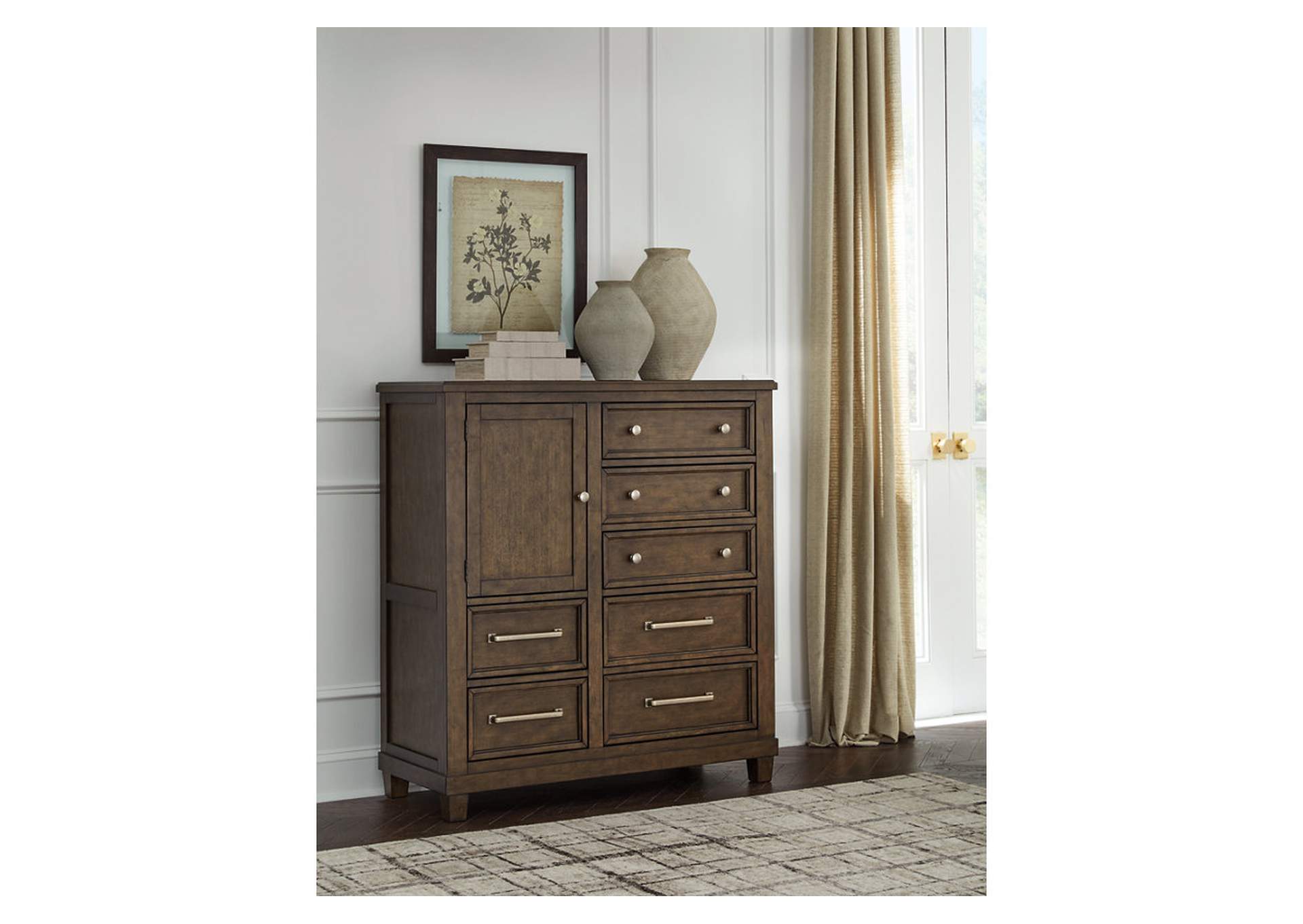 Hillcott King Upholstered Bed with Mirrored Dresser, Chest and 2 Nightstands,Millennium