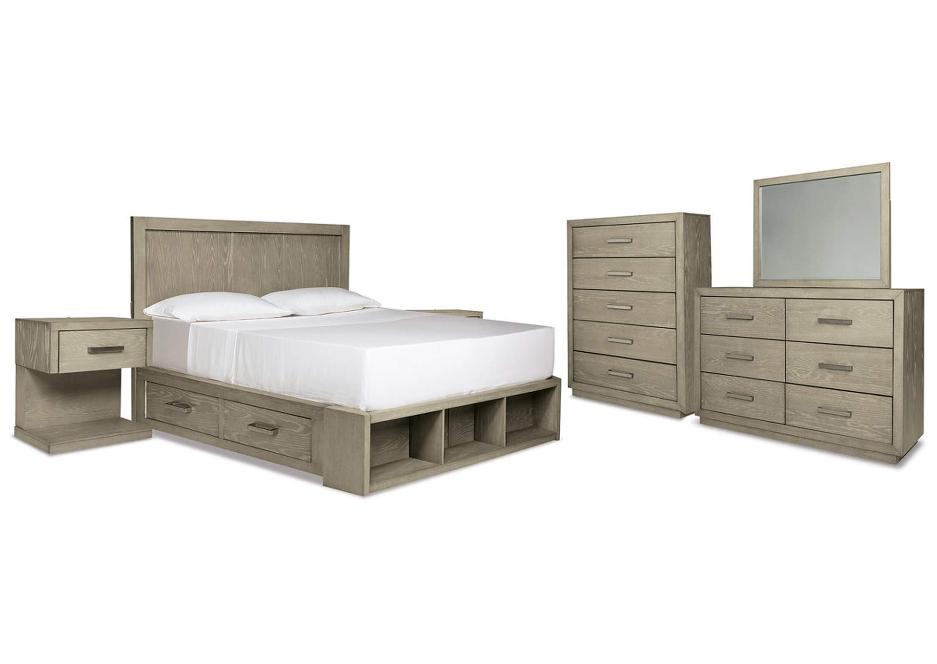 Fawnburg Queen Panel Bed with Storage with Mirrored Dresser, Chest and 2 Nightstands,Millennium
