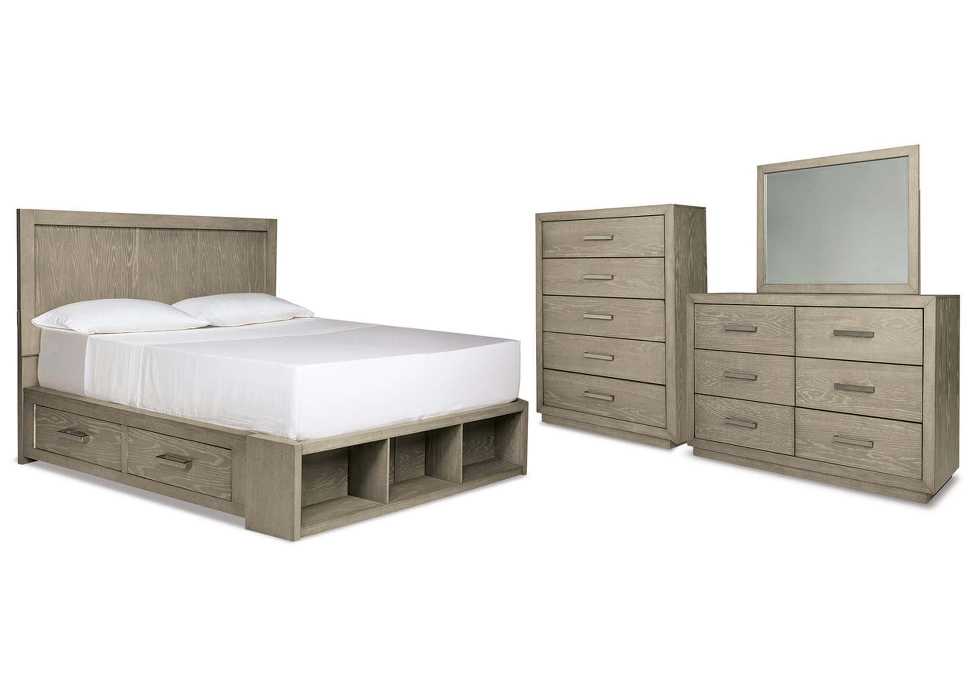 Fawnburg Queen Panel Bed with Storage with Mirrored Dresser and Chest,Millennium