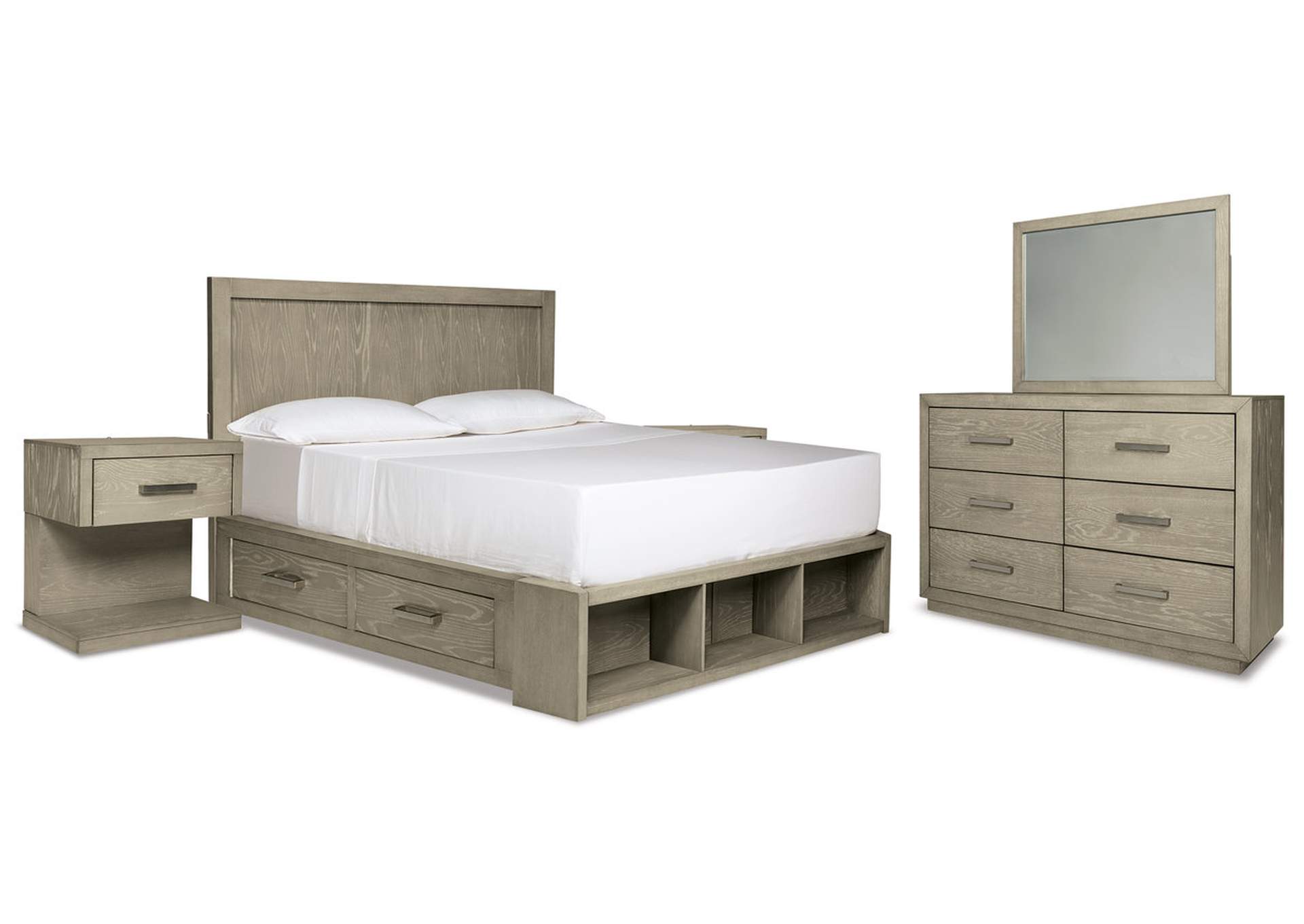 Fawnburg Queen Panel Bed with Storage with Mirrored Dresser and 2 Nightstands,Millennium