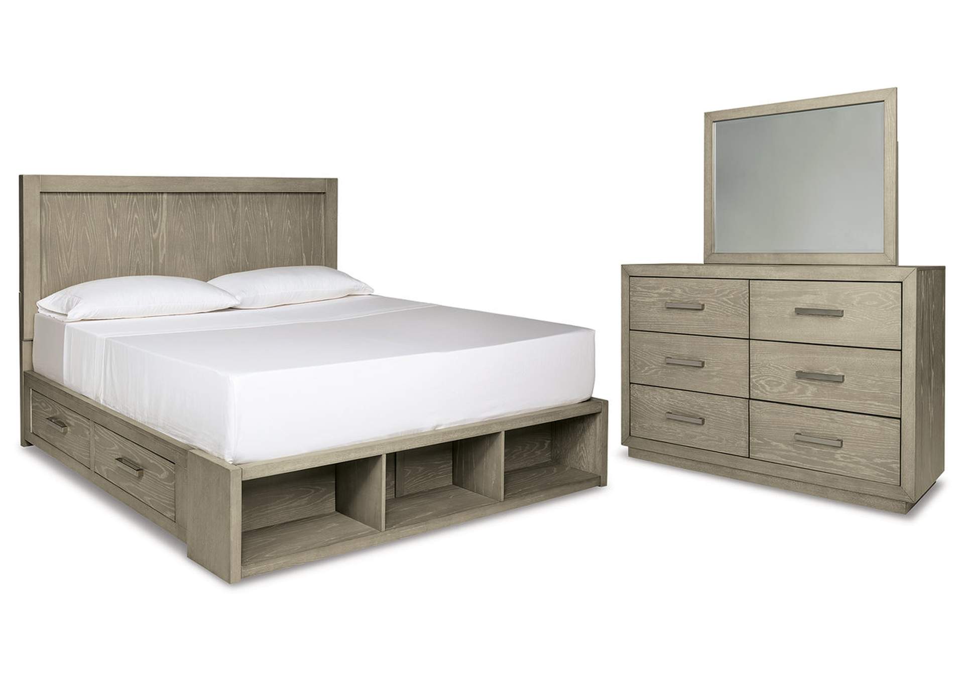 Fawnburg King Panel Bed with Storage with Mirrored Dresser,Millennium