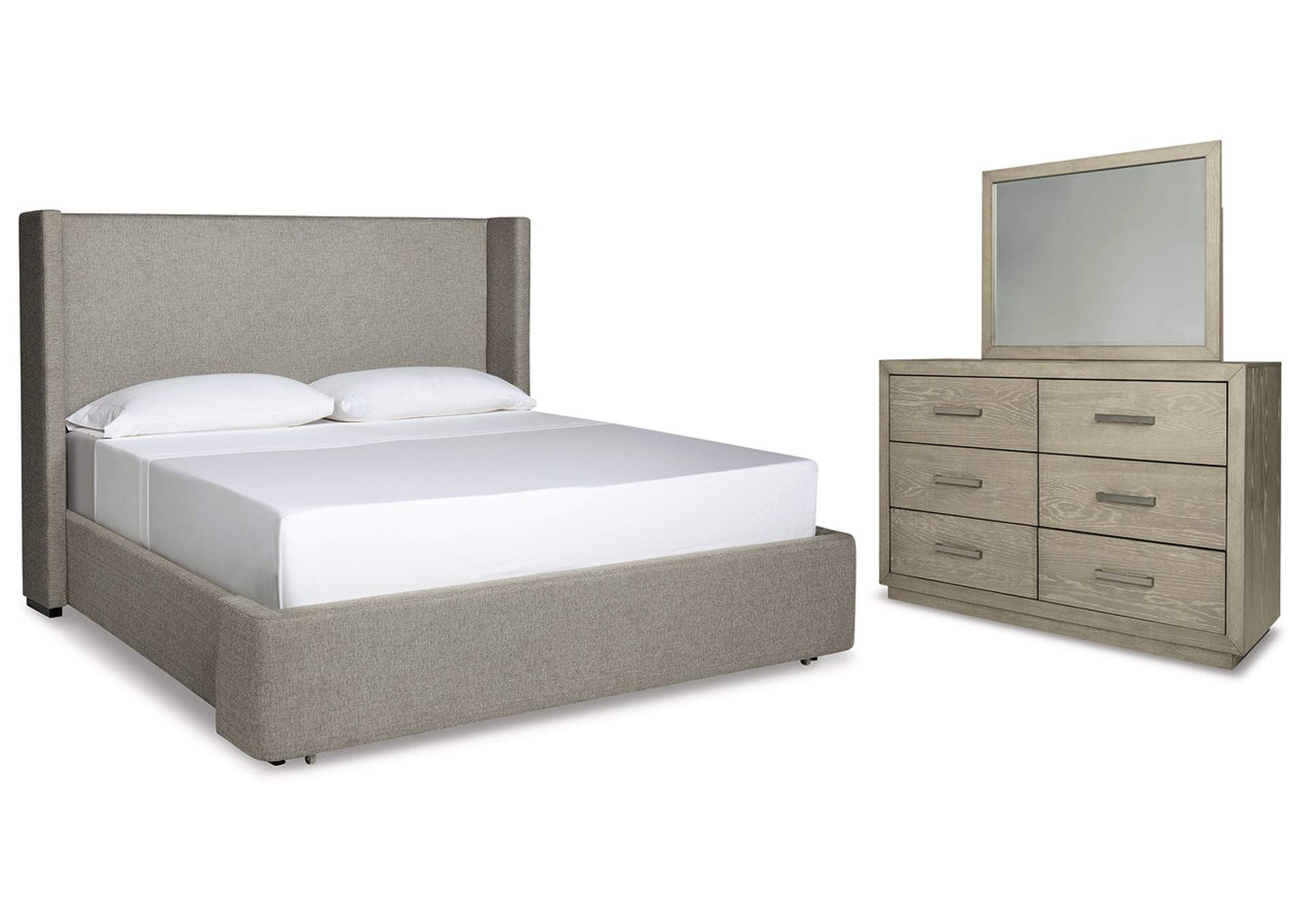 Fawnburg Queen Upholstered Bed with Mirrored Dresser,Millennium