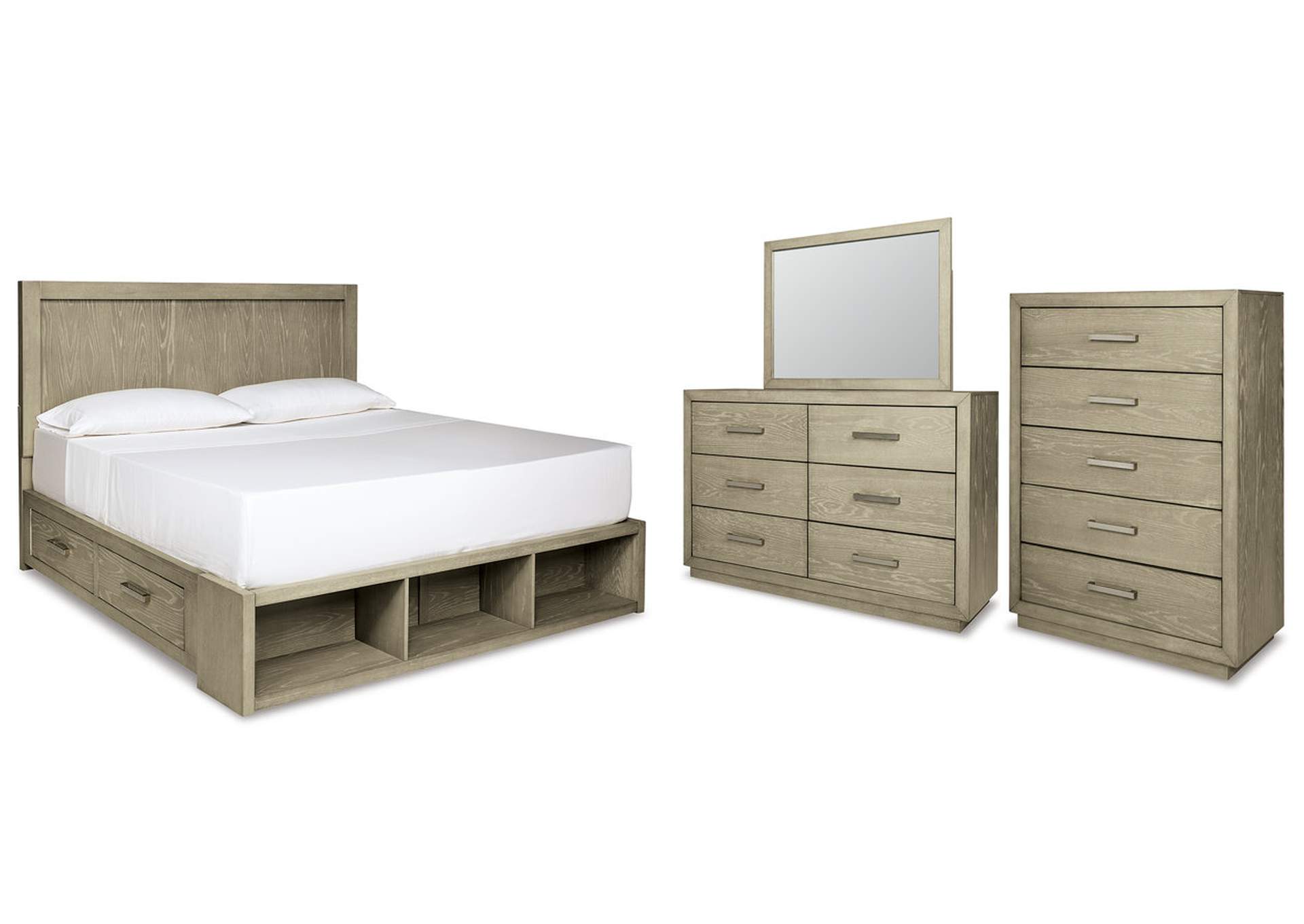 Fawnburg King Panel Bed with Storage with Mirrored Dresser and Chest,Millennium