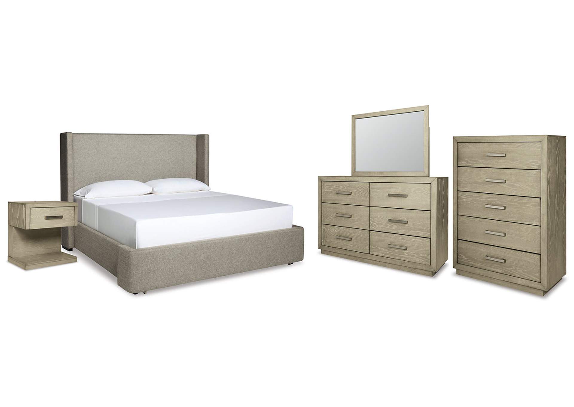 Fawnburg Queen Upholstered Bed with Mirrored Dresser, Chest and Nightstand,Millennium