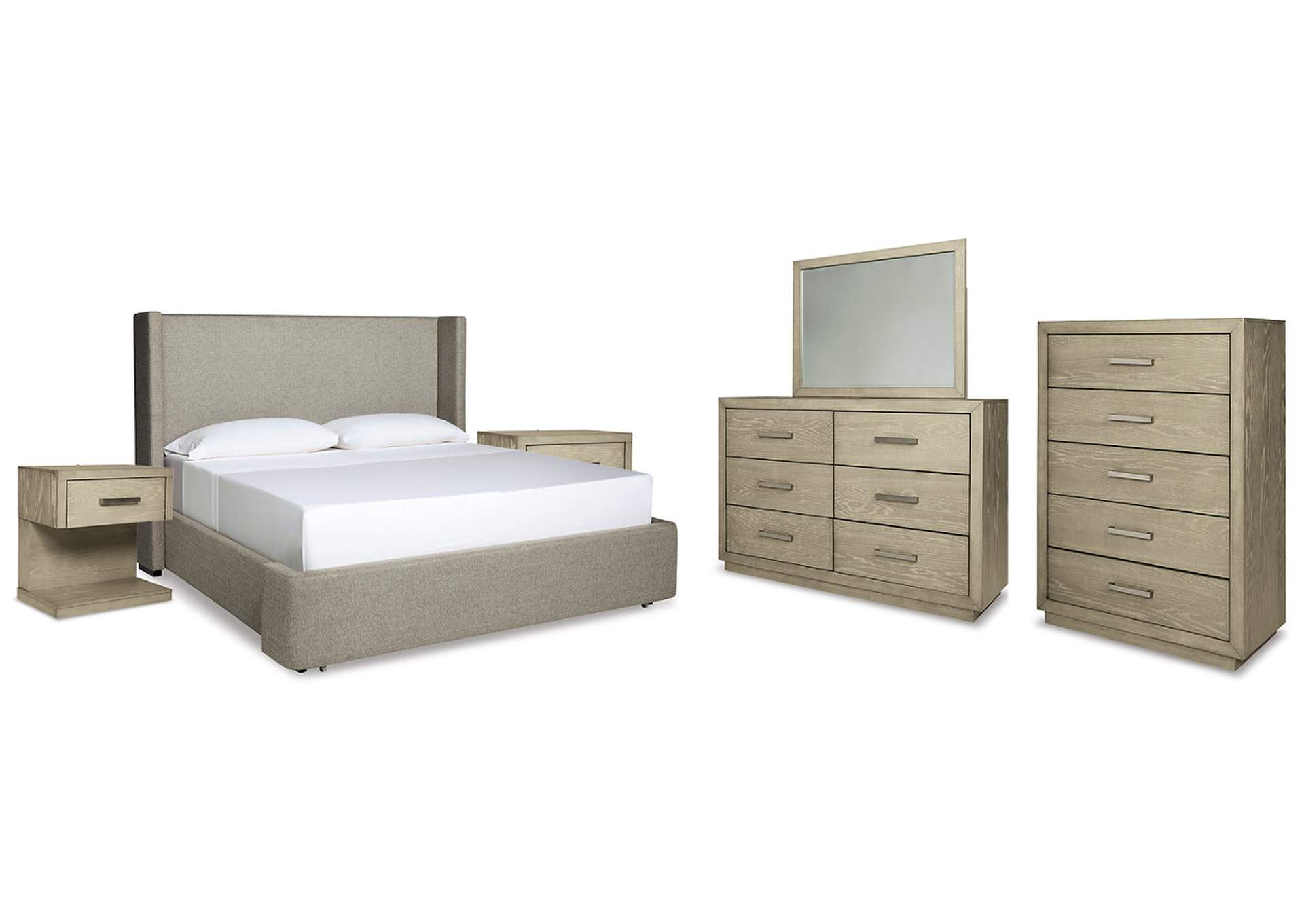 Fawnburg Queen Upholstered Bed with Mirrored Dresser, Chest and 2 Nightstands,Millennium