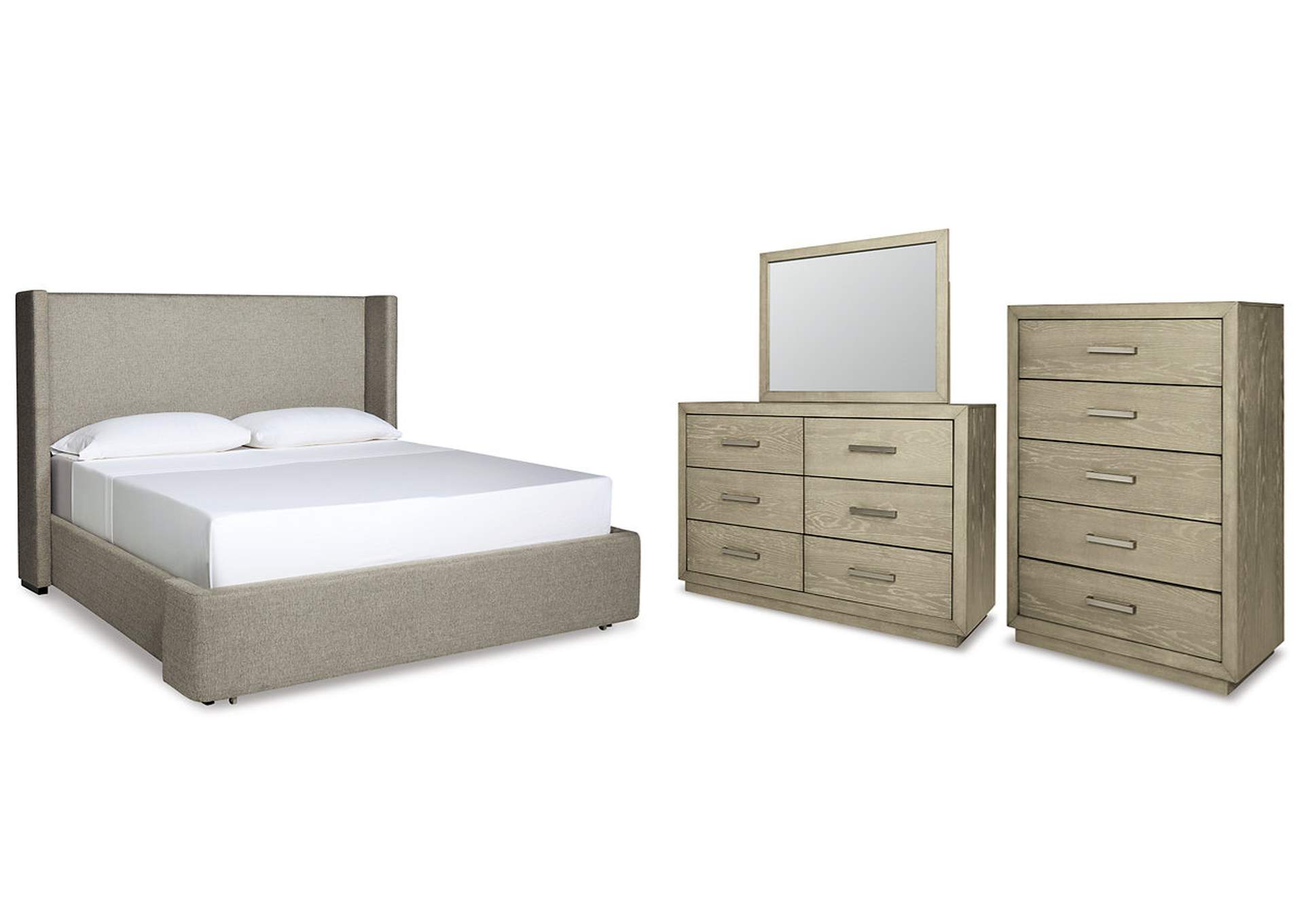 Fawnburg Queen Upholstered Bed with Mirrored Dresser and Chest,Millennium