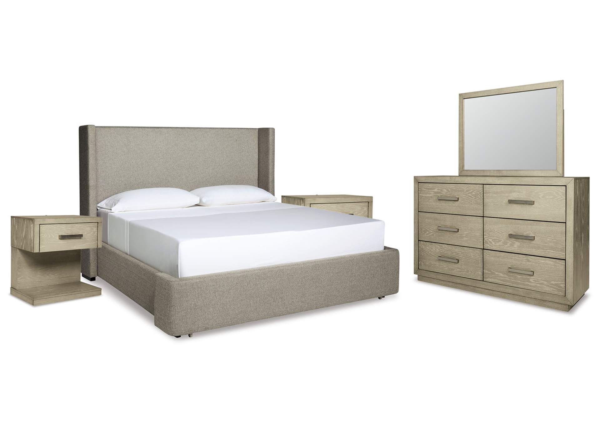 Fawnburg Queen Upholstered Bed with Mirrored Dresser and 2 Nightstands,Millennium