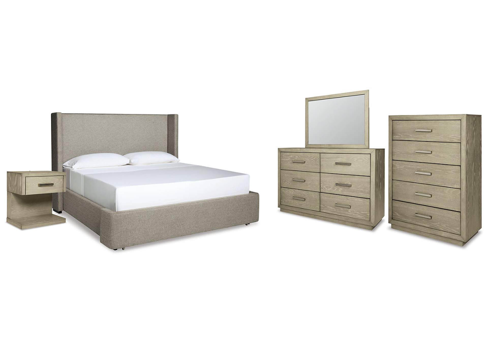 Fawnburg King Upholstered Bed with Mirrored Dresser, Chest and Nightstand,Millennium