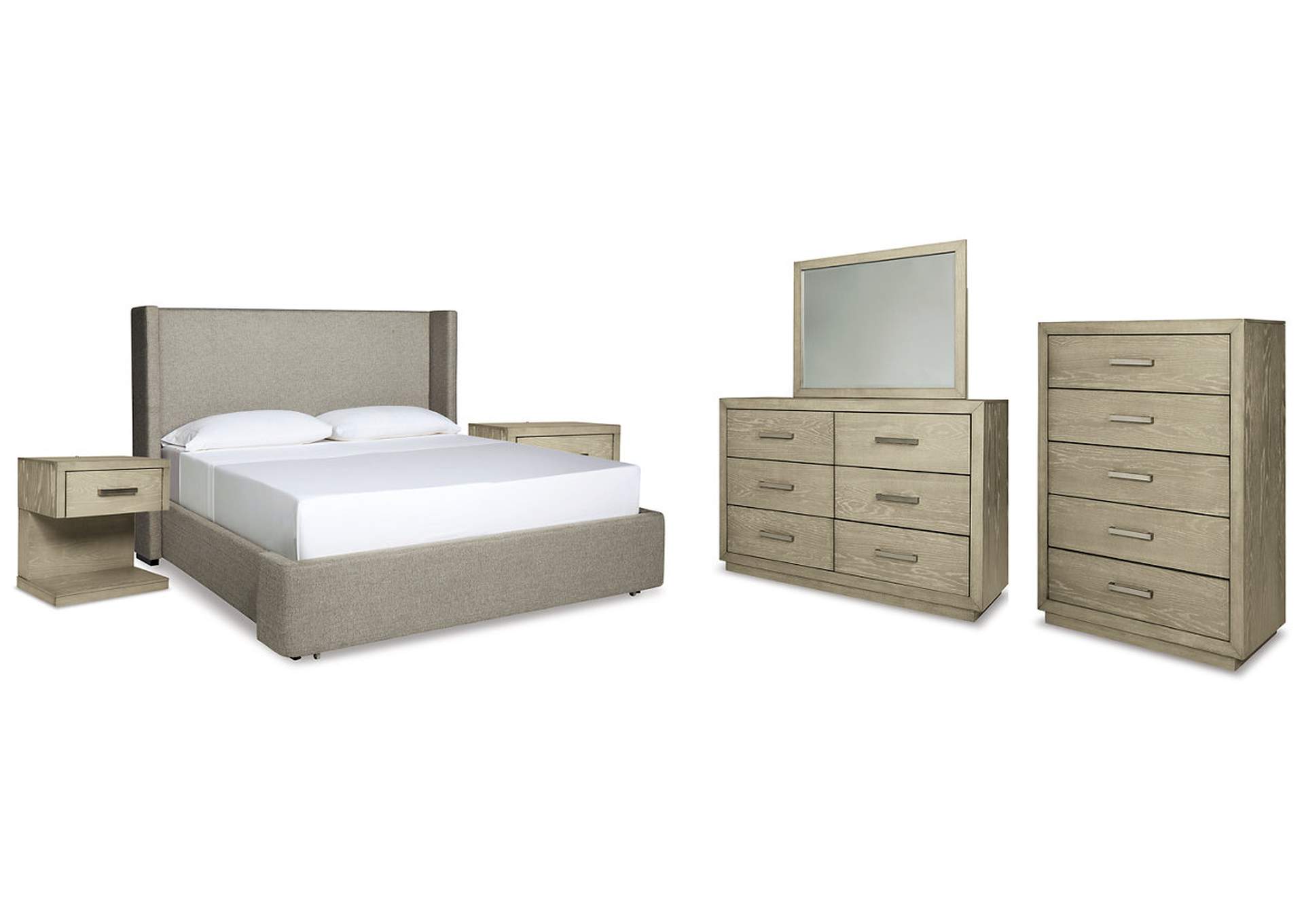 Fawnburg King Upholstered Bed with Mirrored Dresser, Chest and 2 Nightstands,Millennium