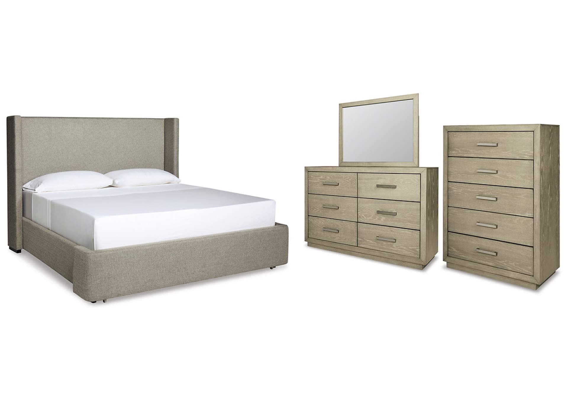 Fawnburg King Upholstered Bed with Mirrored Dresser and Chest,Millennium