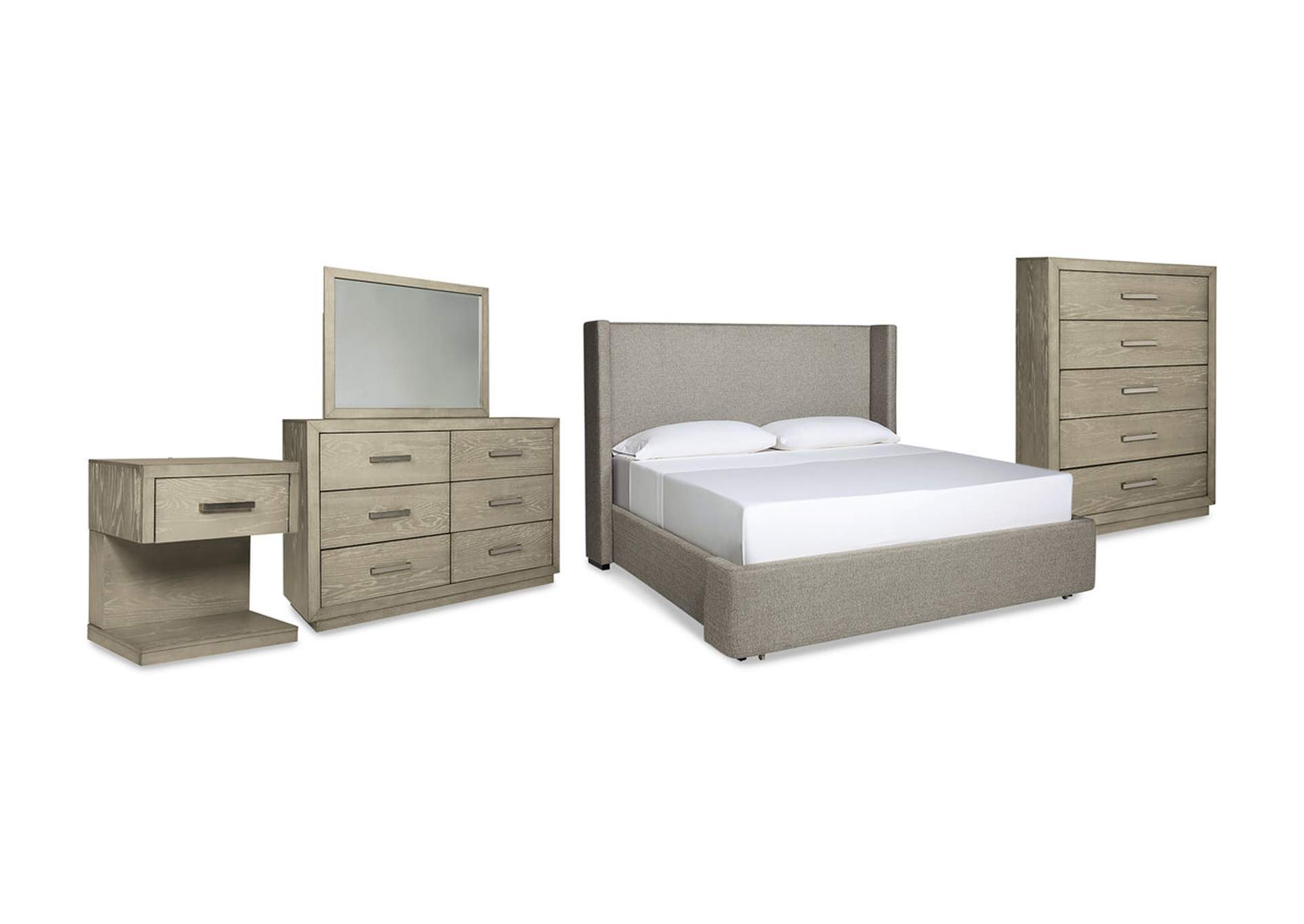 Fawnburg California King Upholstered Storage Bed with Mirrored Dresser, Chest and Nightstand,Millennium