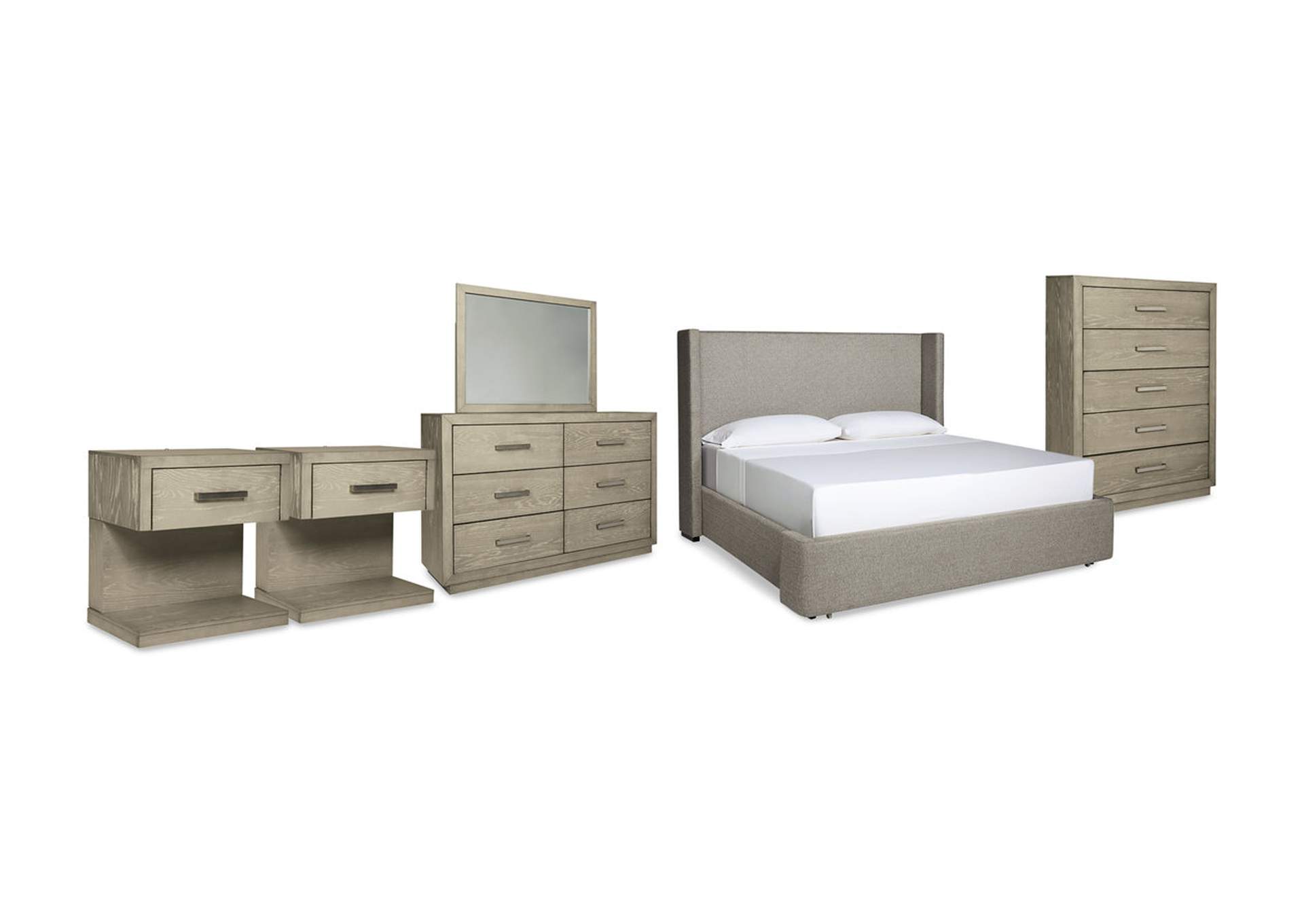 Fawnburg California King Upholstered Storage Bed with Mirrored Dresser, Chest and 2 Nightstands,Millennium