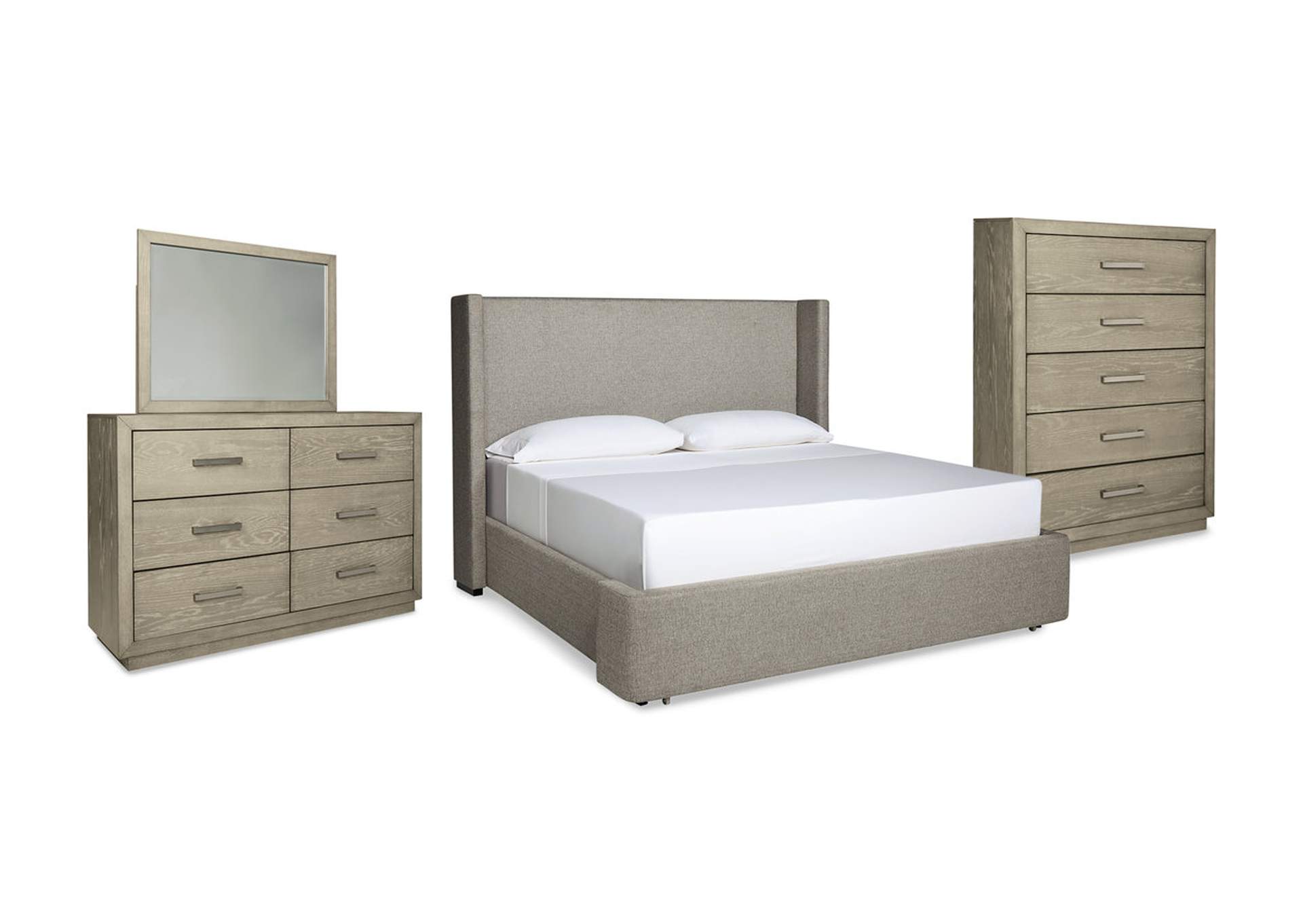 Fawnburg California King Upholstered Storage Bed with Mirrored Dresser and Chest,Millennium