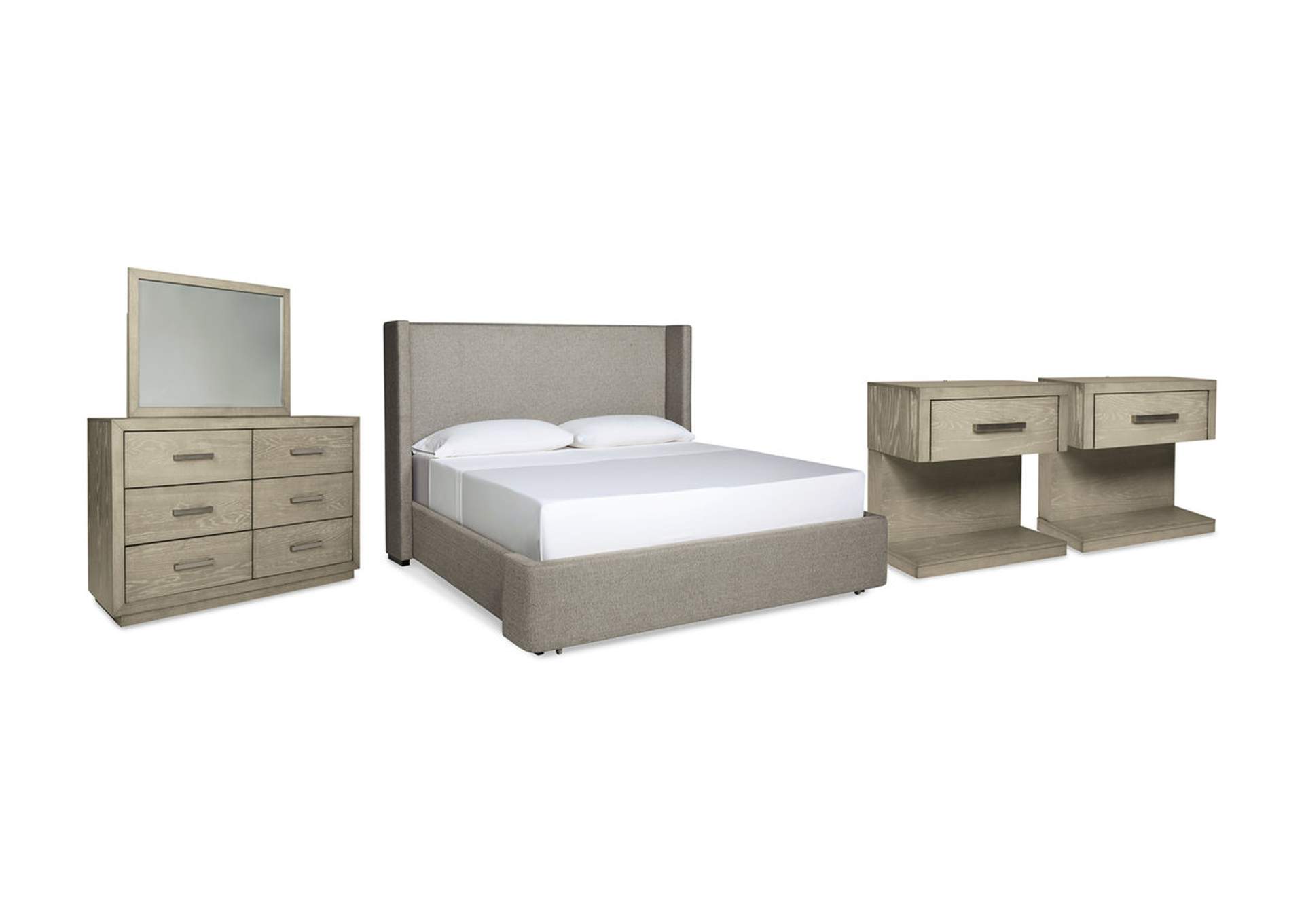 Fawnburg California King Upholstered Storage Bed with Mirrored Dresser and 2 Nightstands,Millennium