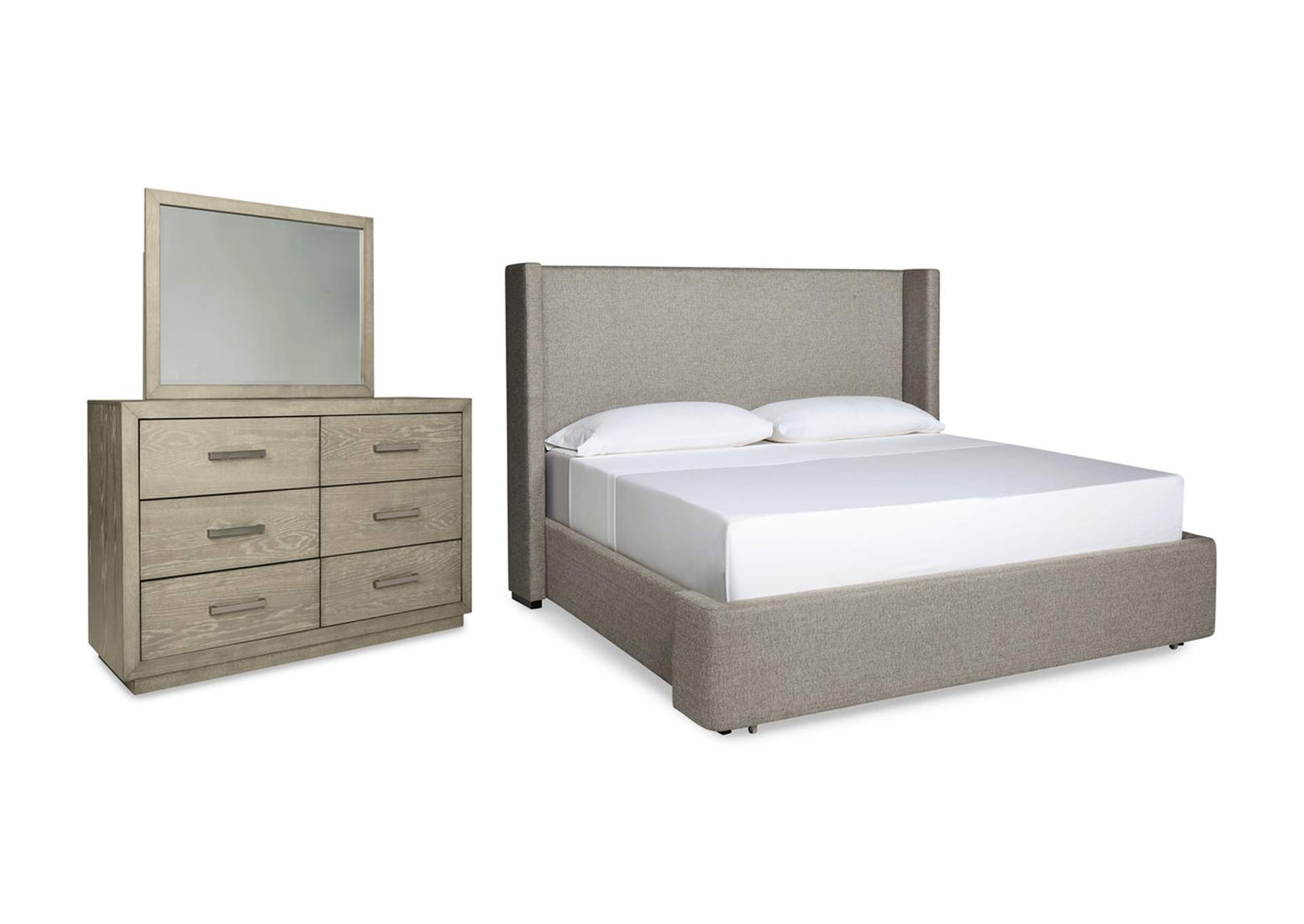 Fawnburg California King Upholstered Storage Bed with Mirrored Dresser,Millennium