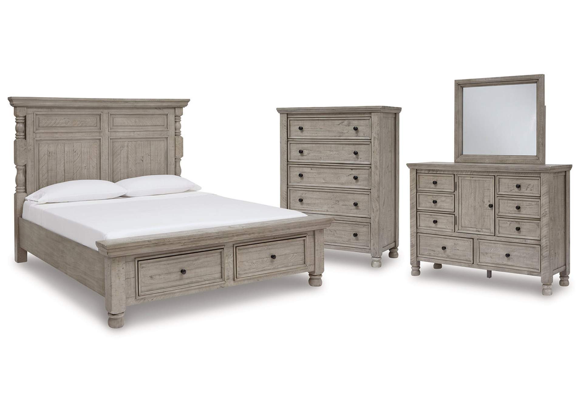 Harrastone California King Panel Bed with Mirrored Dresser and Chest,Millennium