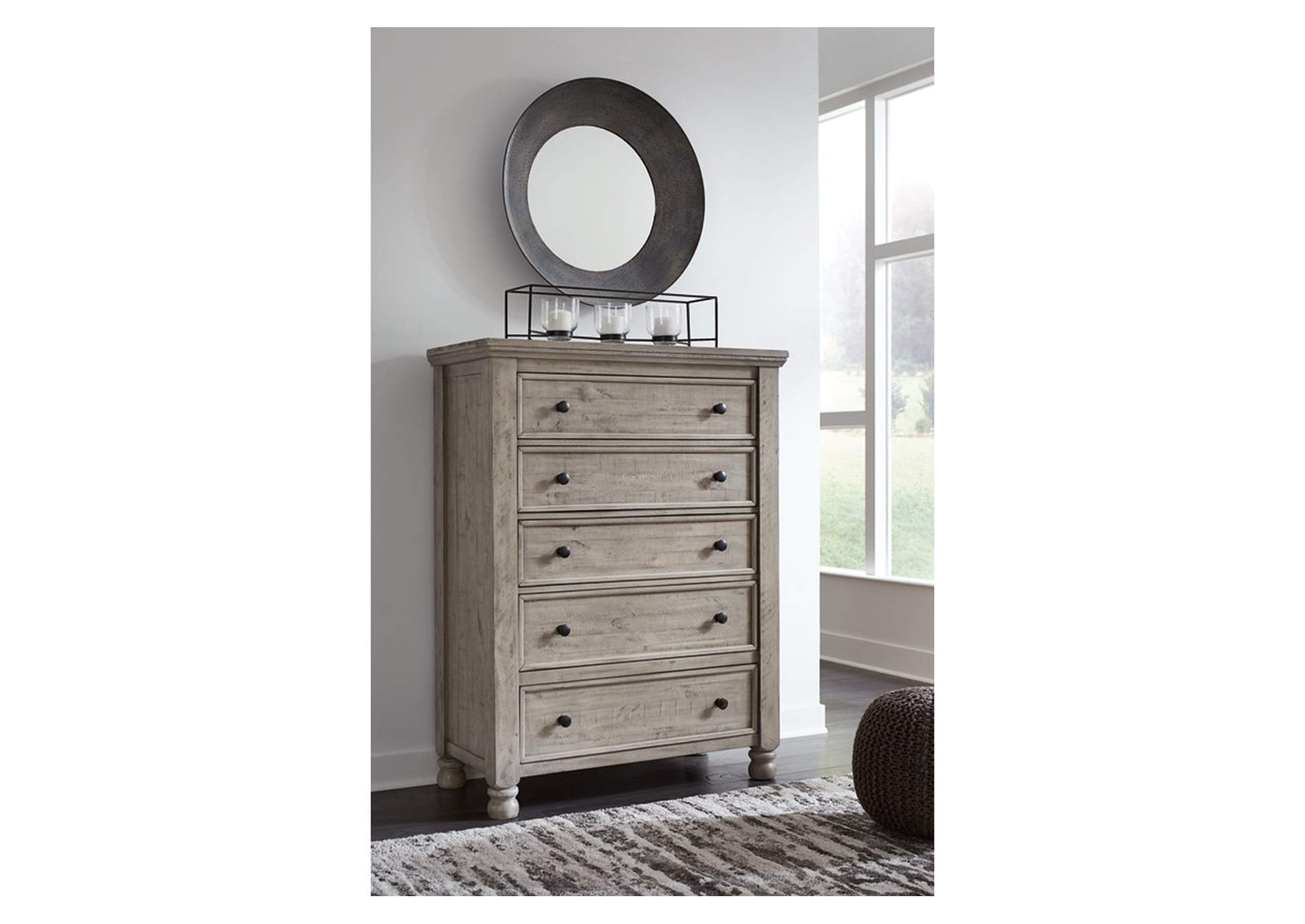 Harrastone California King Panel Bed with Mirrored Dresser, Chest and 2 Nightstands,Millennium