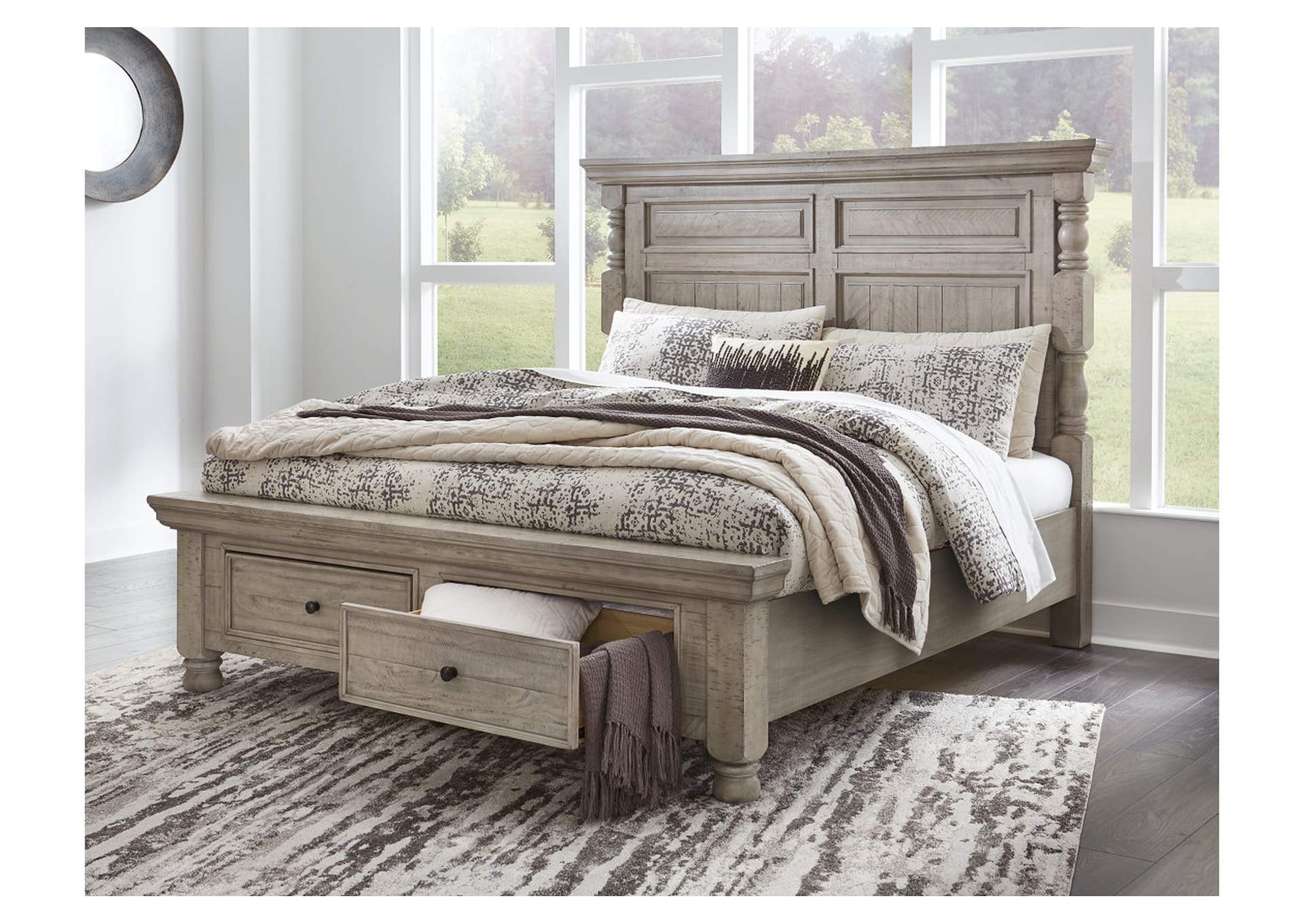 Harrastone Queen Panel Bed with Mirrored Dresser, Chest and 2 Nightstands,Millennium