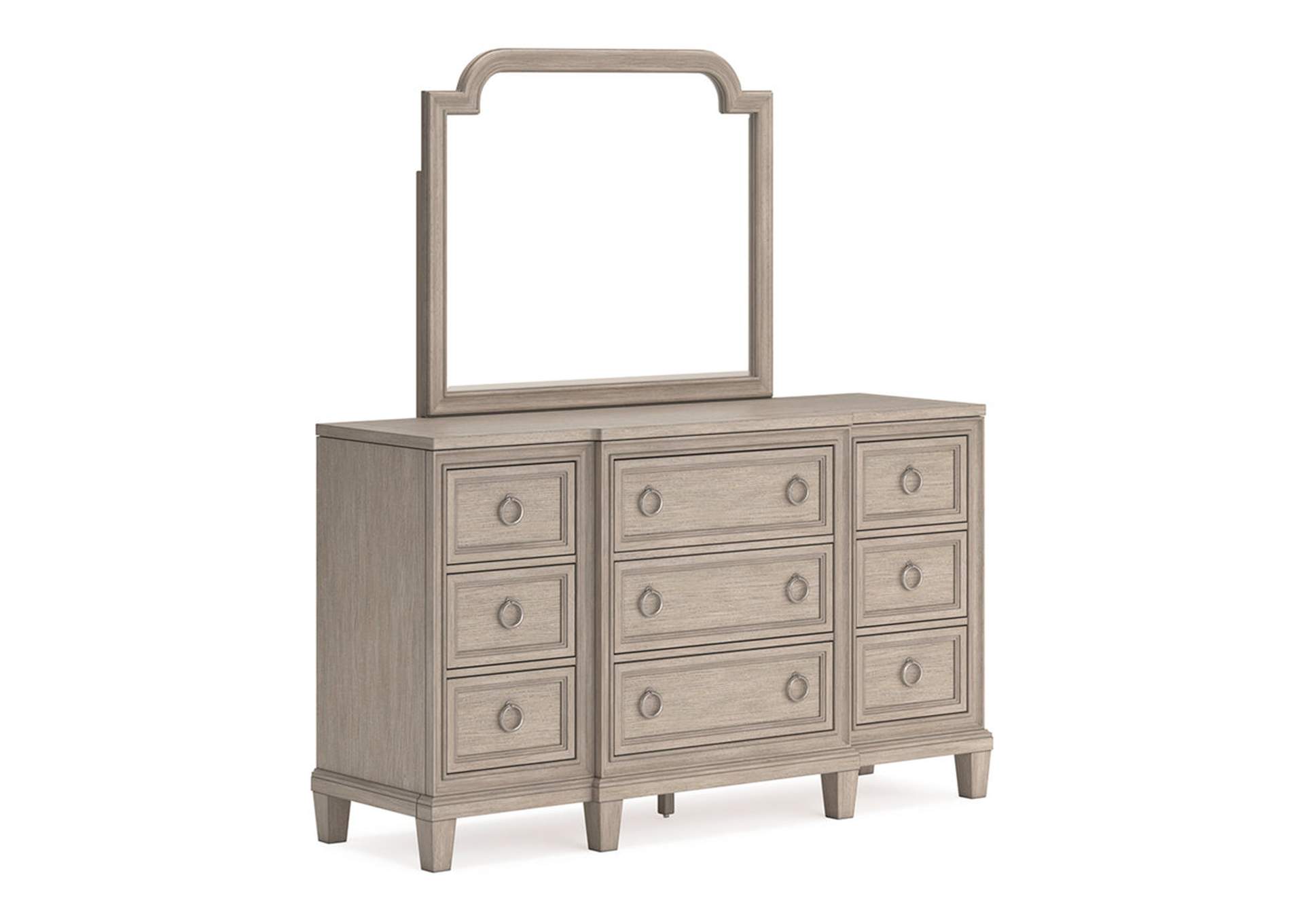 Jorlaina Queen Upholstered Panel Bed, Dresser and Mirror,Millennium