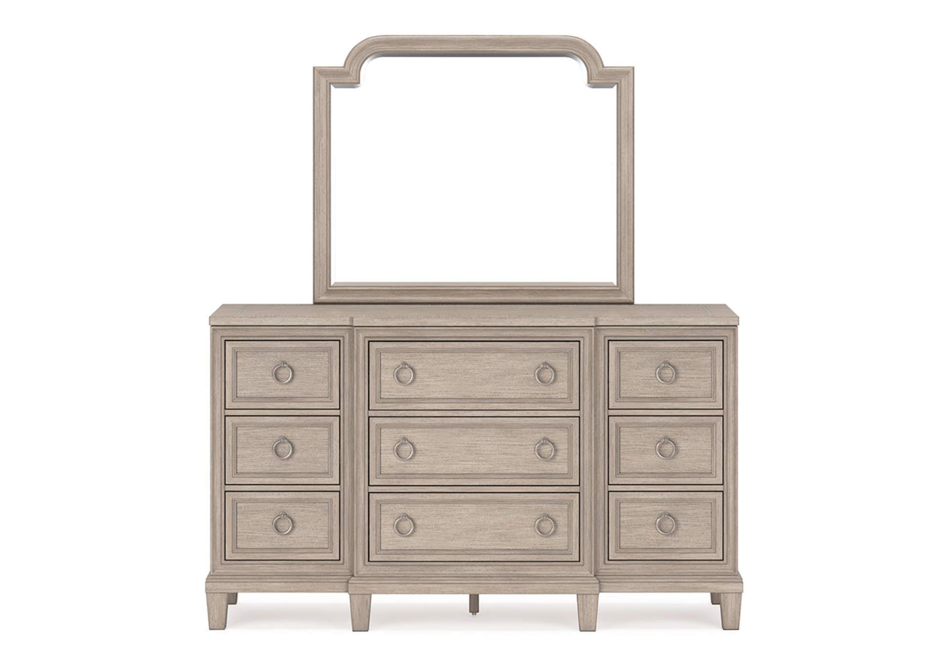 Jorlaina California King Upholstered Panel Bed, Dresser and Mirror,Millennium