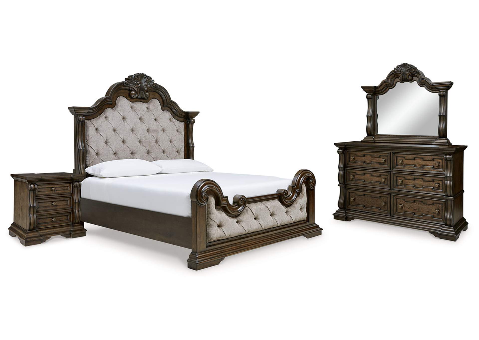 Maylee Queen Upholstered Bed with Mirrored Dresser and Nightstand,Signature Design By Ashley