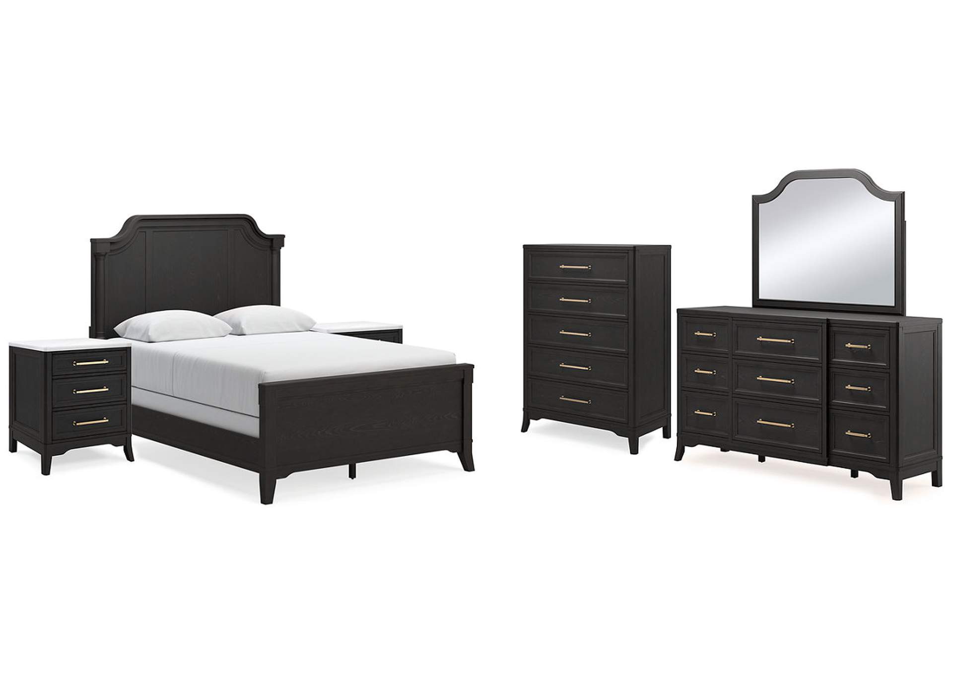 Welltern Queen Panel Bed with Mirrored Dresser, Chest and 2 Nightstands,Millennium