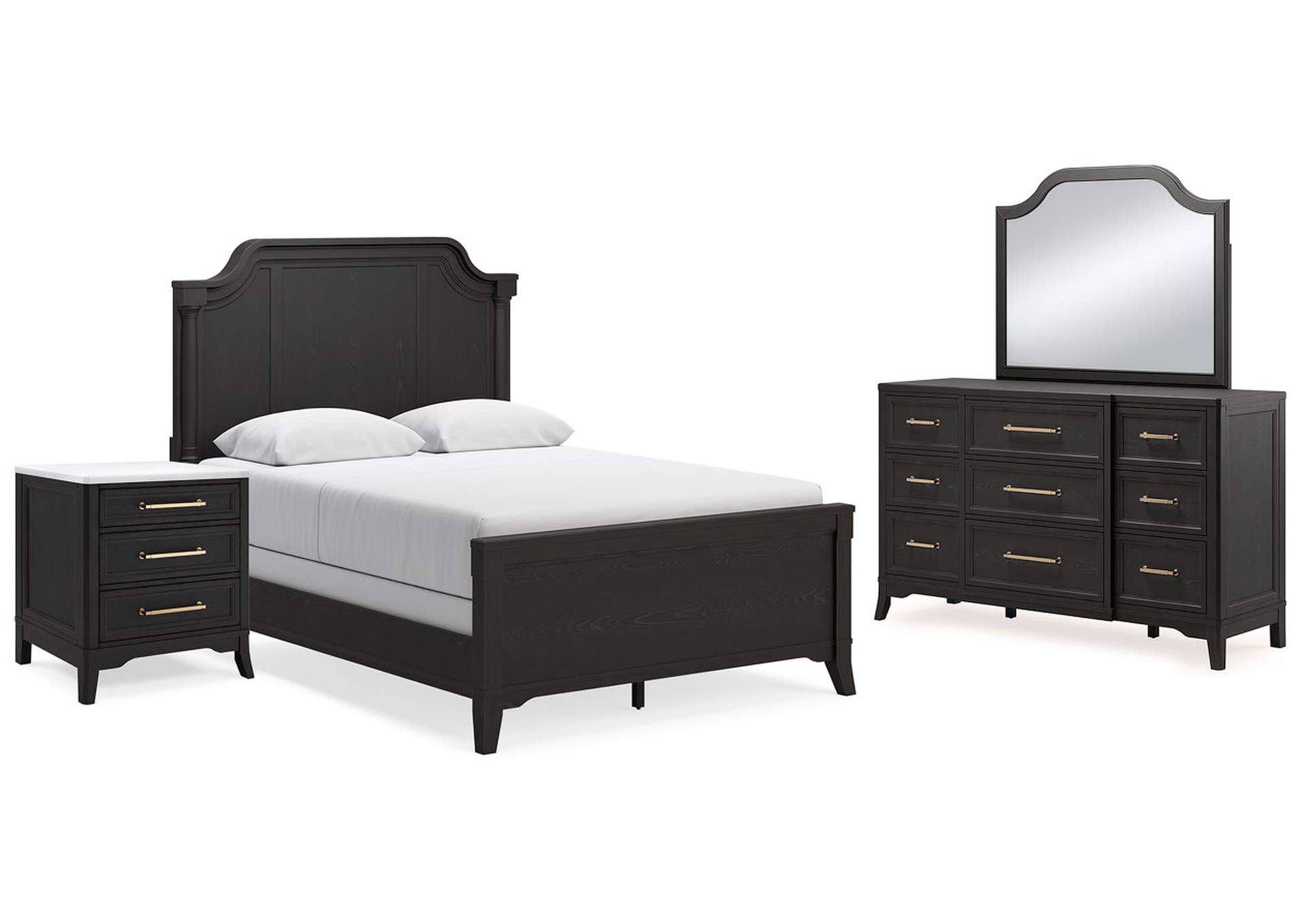 Welltern Queen Panel Bed with Mirrored Dresser and Nightstand,Millennium