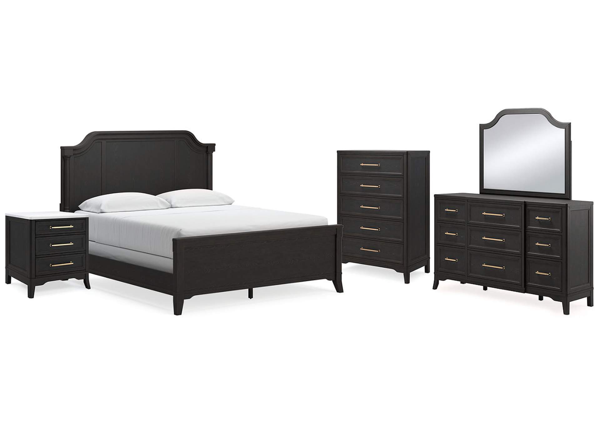 Welltern California King Panel Bed with Mirrored Dresser, Chest and Nightstand,Millennium