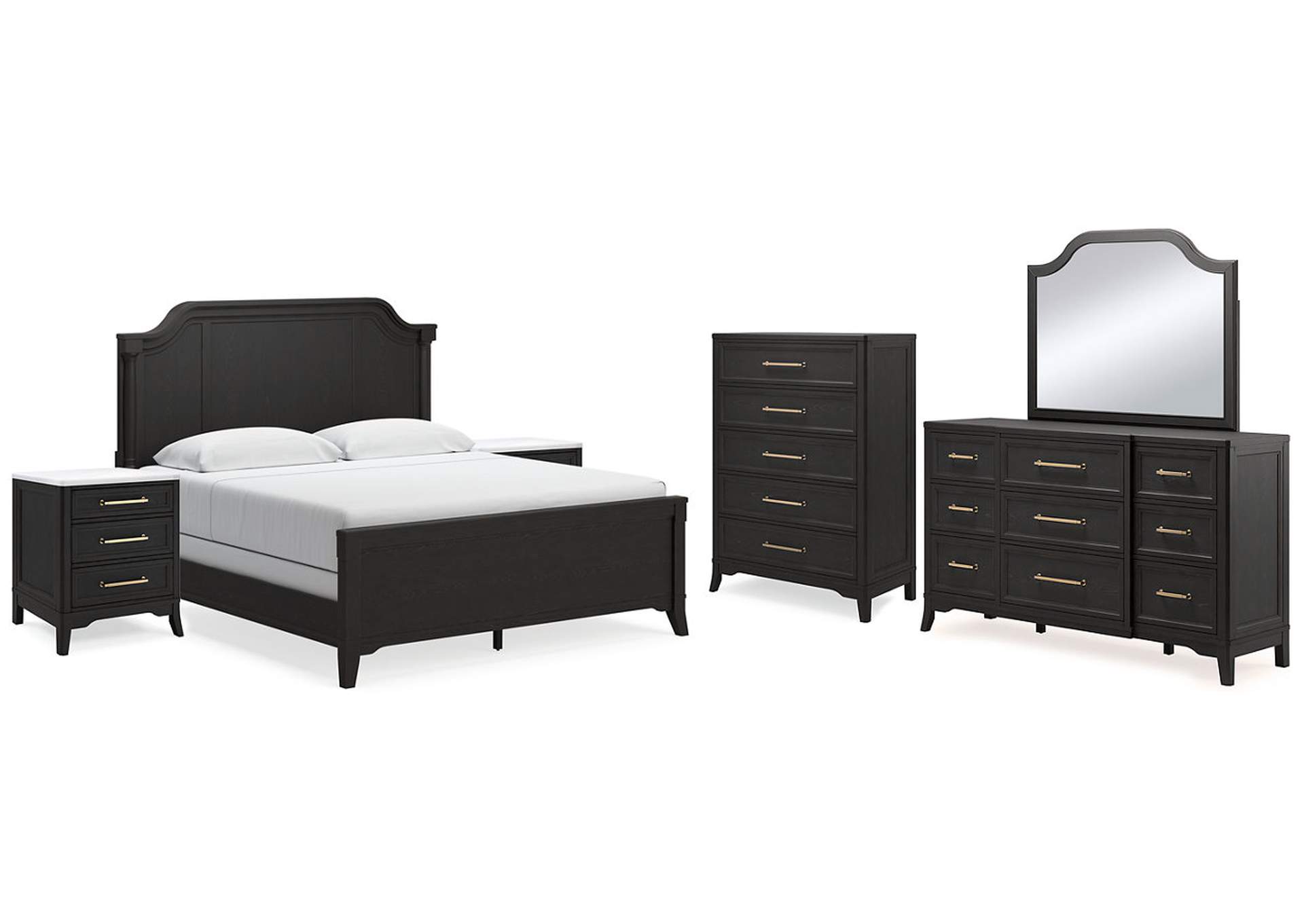 Welltern California King Panel Bed with Mirrored Dresser, Chest and 2 Nightstands,Millennium