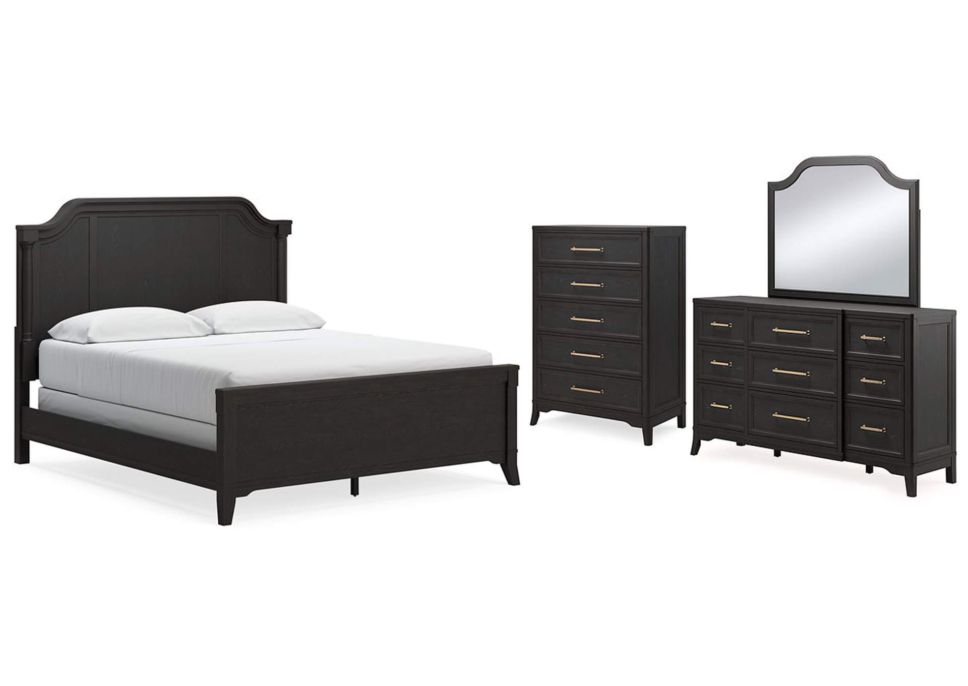 Welltern California King Panel Bed with Mirrored Dresser and Chest,Millennium