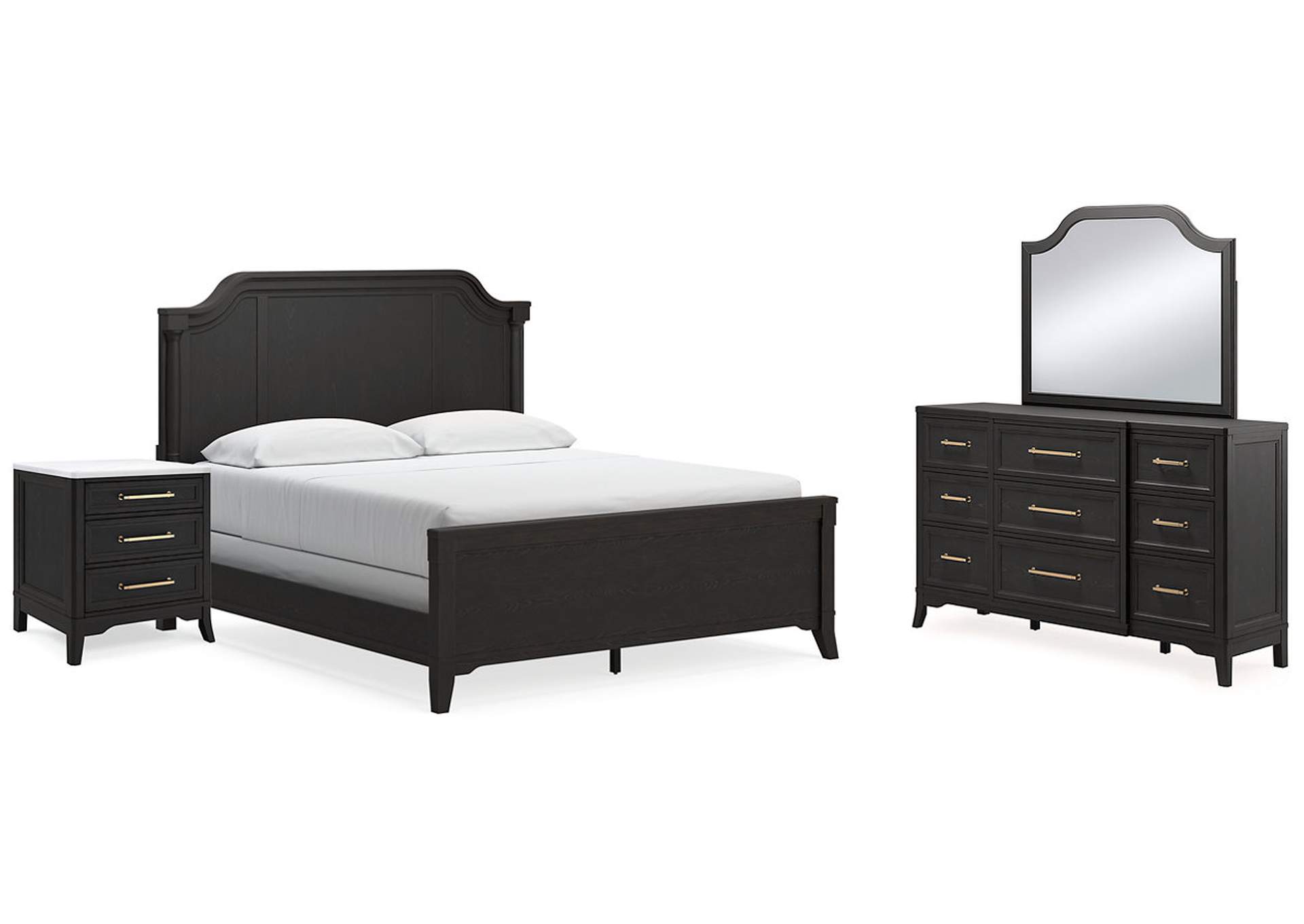 Welltern California King Panel Bed with Mirrored Dresser and Nightstand,Millennium