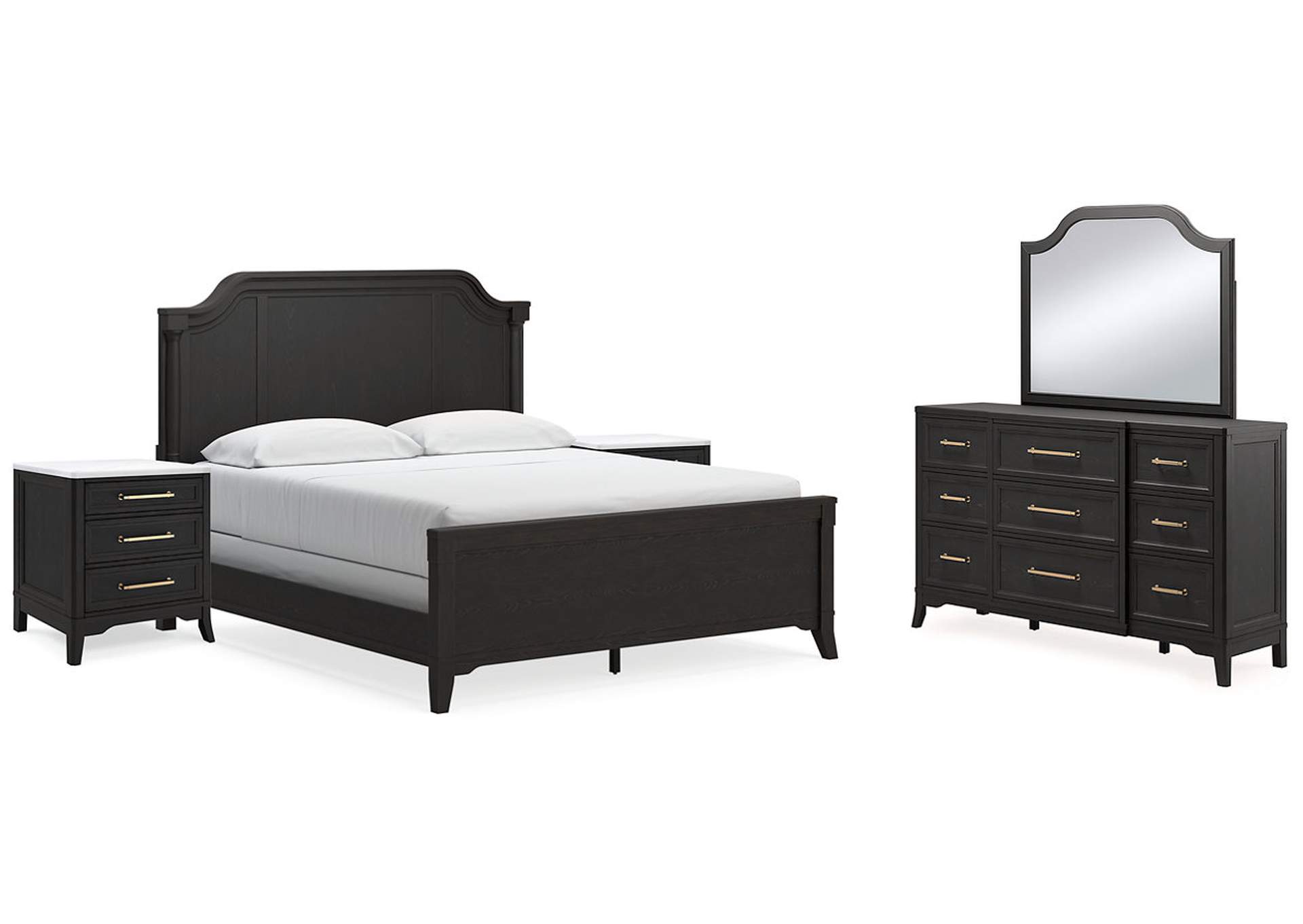 Welltern California King Panel Bed with Mirrored Dresser and 2 Nightstands,Millennium