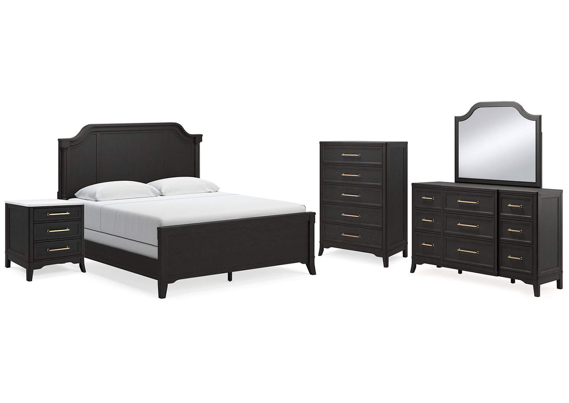 Welltern King Panel Bed with Mirrored Dresser, Chest and Nightstand,Millennium