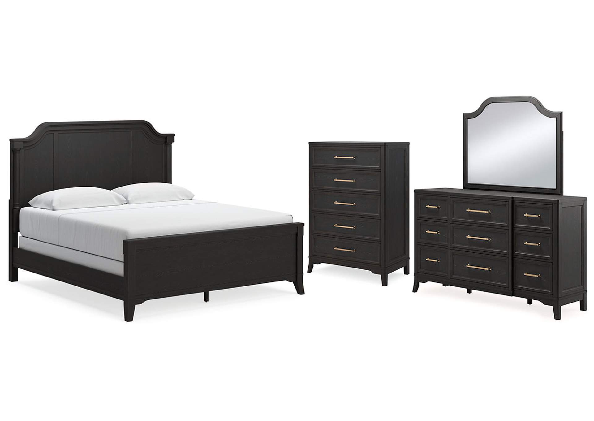 Welltern King Panel Bed with Mirrored Dresser and Chest,Millennium