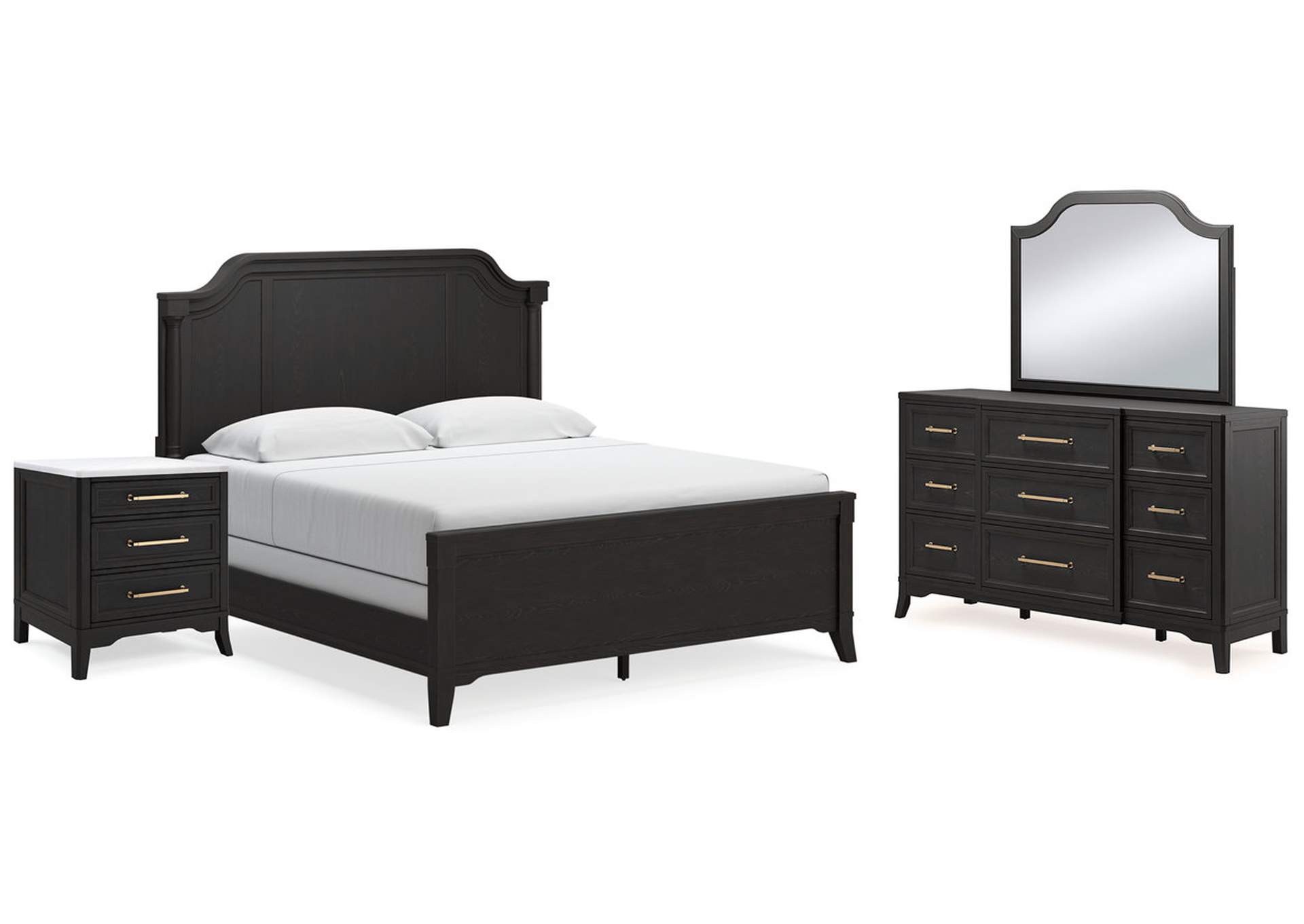 Welltern King Panel Bed with Mirrored Dresser and Nightstand,Millennium