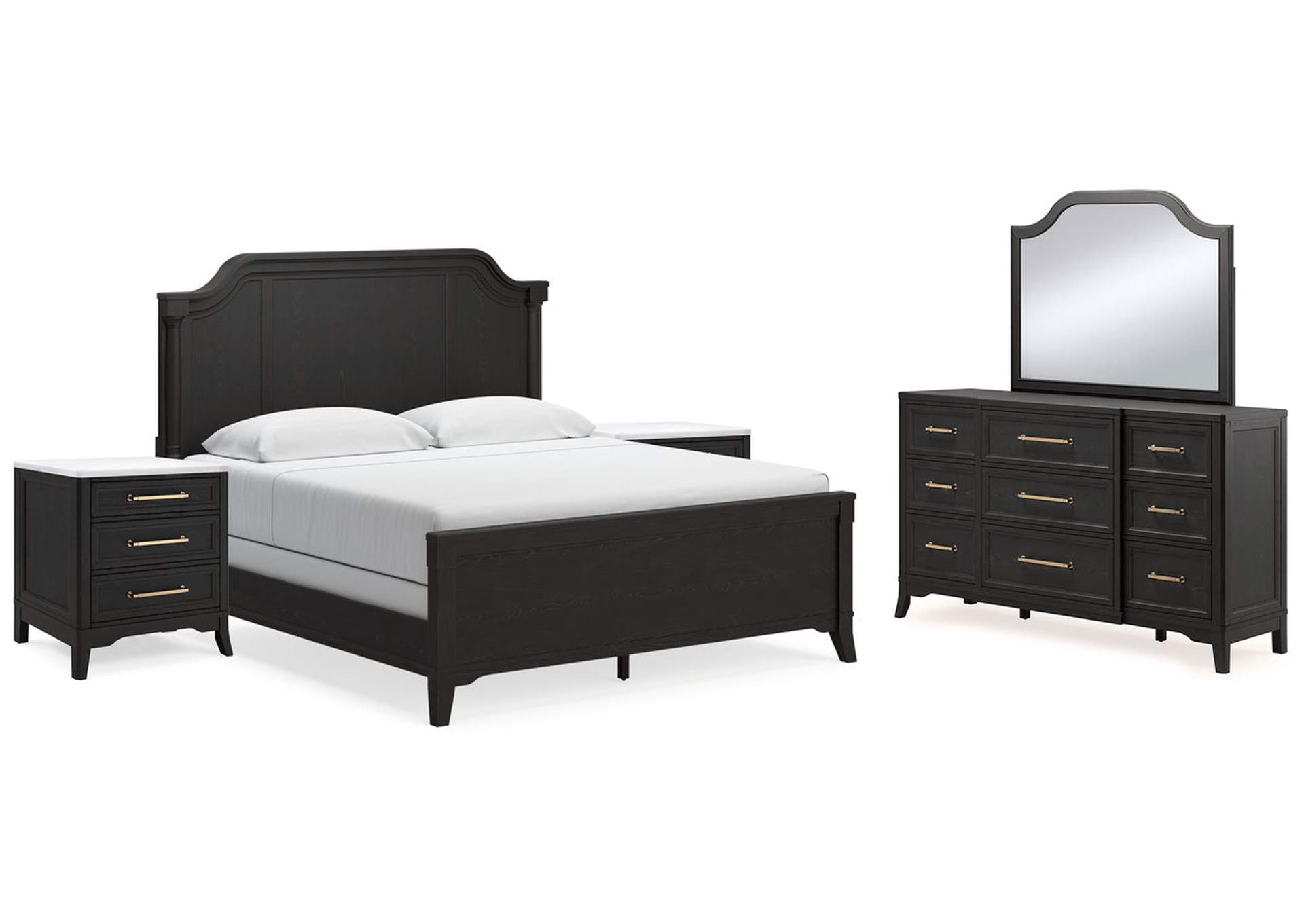 Welltern King Panel Bed with Mirrored Dresser and 2 Nightstands,Millennium