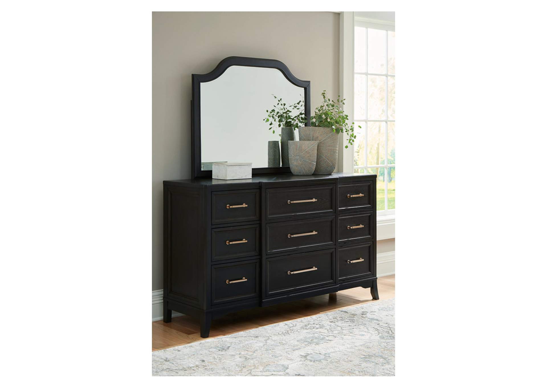 Welltern California King Panel Bed with Mirrored Dresser and 2 Nightstands,Millennium