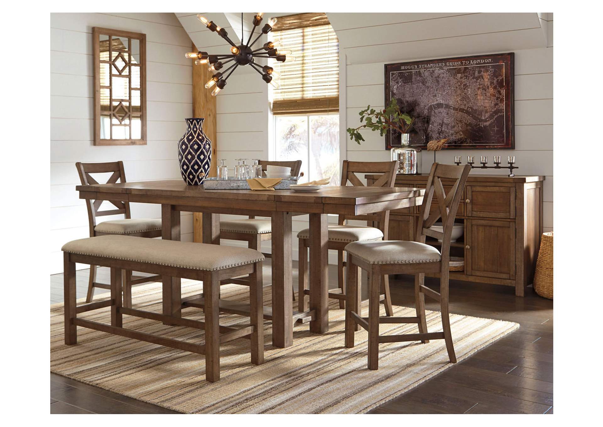 Moriville Counter Height Dining Table with 4 Barstools, Bench, and Server,Signature Design By Ashley