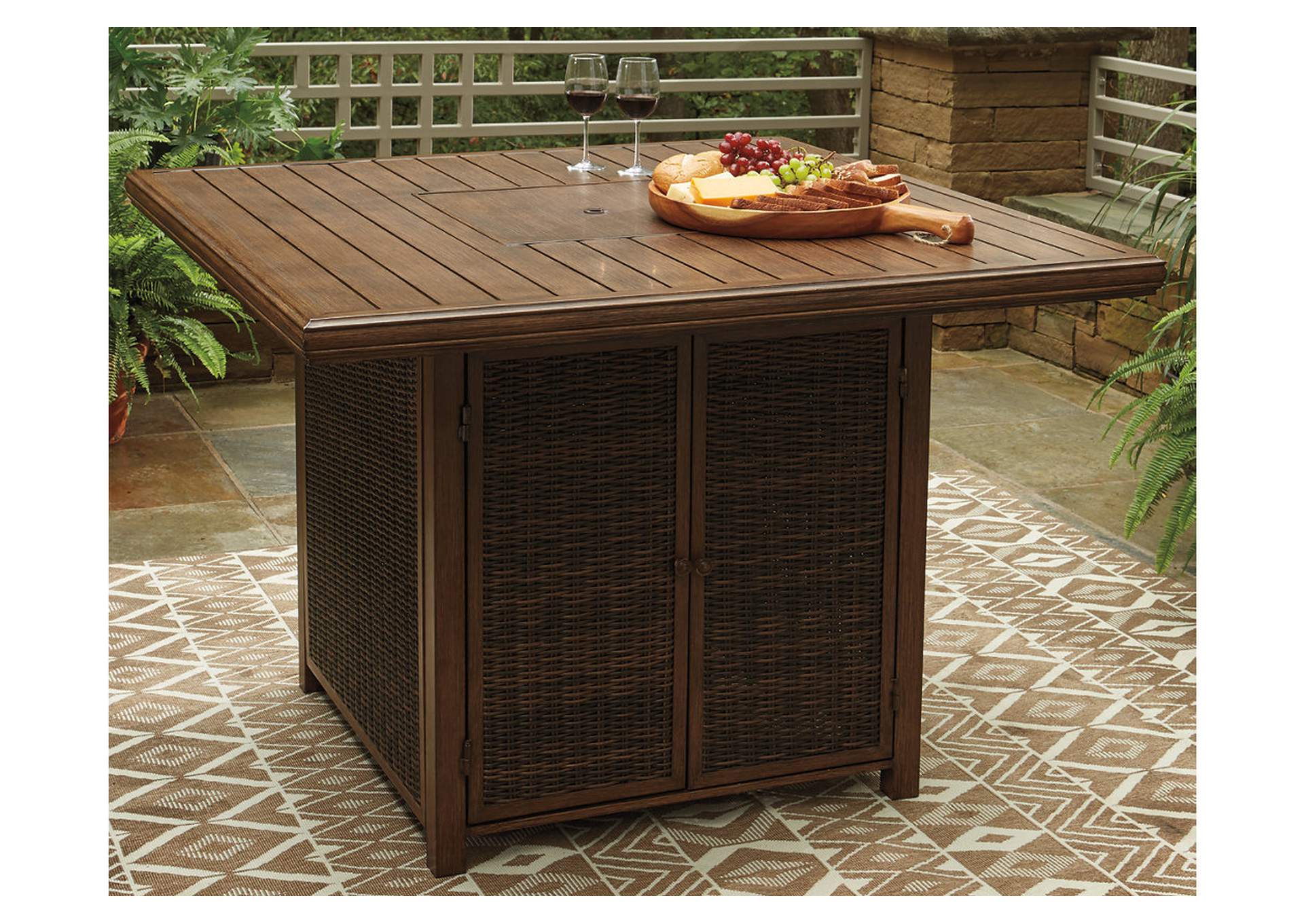 Paradise Trail Bar Table with Fire Pit,Outdoor By Ashley