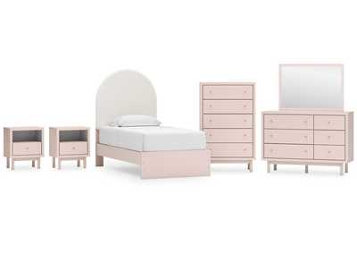 Wistenpine Twin Upholstered Panel Bed with Mirrored Dresser, Chest and 2 Nightstands,Signature Design By Ashley