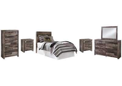 Derekson Twin Panel Headboard Bed with Mirrored Dresser, Chest and 2 Nightstands,Benchcraft