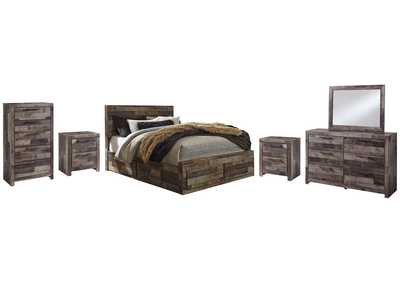 Derekson Queen Panel Bed with 6 Storage Drawers with Mirrored Dresser, Chest and 2 Nightstands,Benchcraft