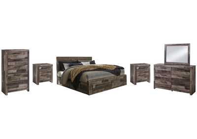 Derekson King Panel Bed with 4 Storage Drawers with Mirrored Dresser, Chest and 2 Nightstands,Benchcraft