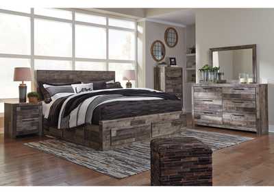 Derekson King Panel Bed with 4 Storage Drawers with Mirrored Dresser, Chest and 2 Nightstands,Benchcraft