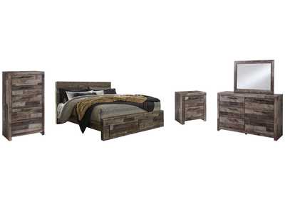 Derekson King Panel Bed with 2 Storage Drawers with Mirrored Dresser, Chest and Nightstand,Benchcraft