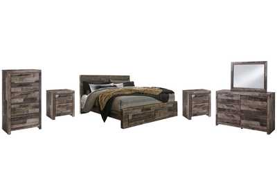 Image for Derekson King Panel Bed with 2 Storage Drawers with Mirrored Dresser, Chest and 2 Nightstands