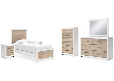 Charbitt Twin Panel Bed with Mirrored Dresser, Chest and 2 Nightstands