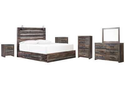 Drystan King Panel Bed with 4 Storage Drawers with Mirrored Dresser, Chest and 2 Nightstands,Signature Design By Ashley