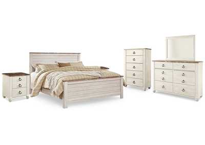 Willowton King Panel Bed, Dresser, Mirror, Chest and 2 Nightstands